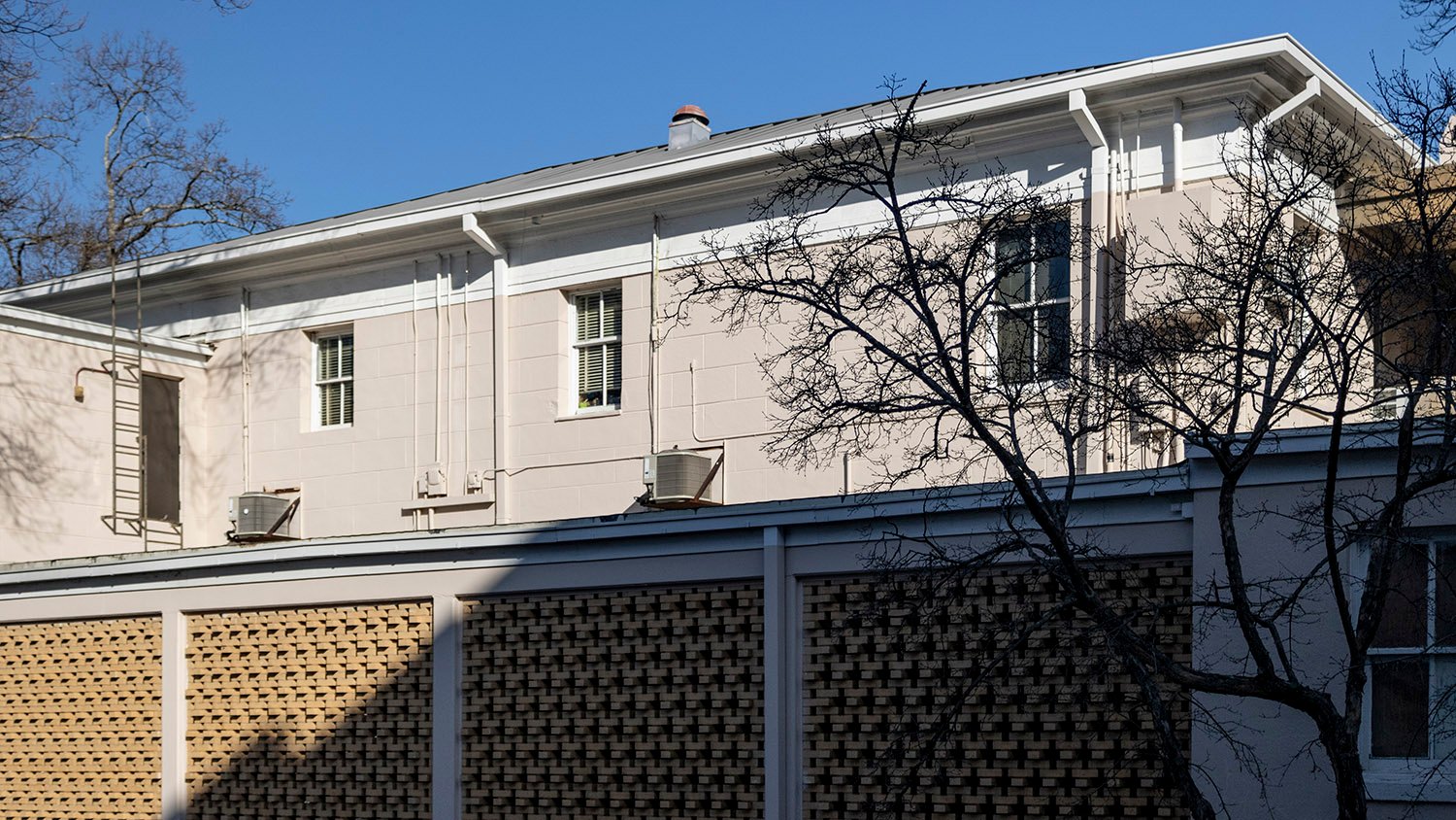 Rear of Denmark Hall with screen walls from the 1957 renovation