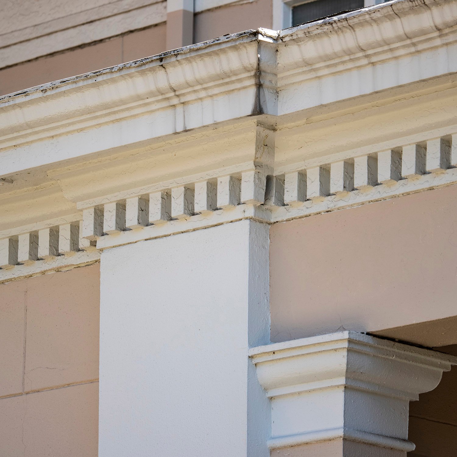 Pilaster and dentilled cornice on the facade of Denmark Hall, Athens, Georgia