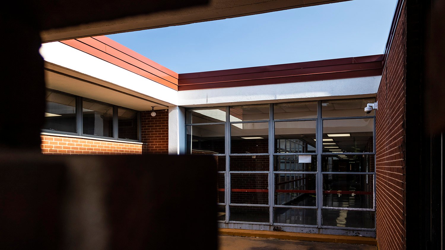 Peering through the brick screen wall on the south elevation of Midway Elementary School, Decatur, Georgia