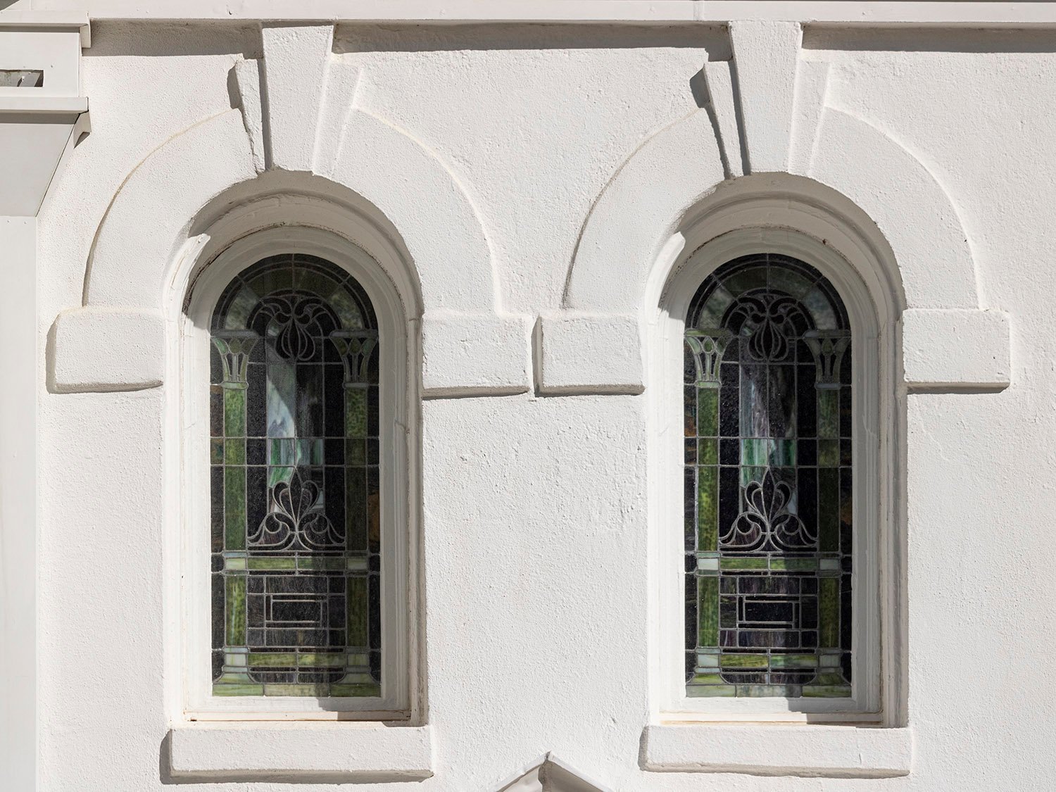 Second-floor windows on First Methodist Church, Opelika, Alabama