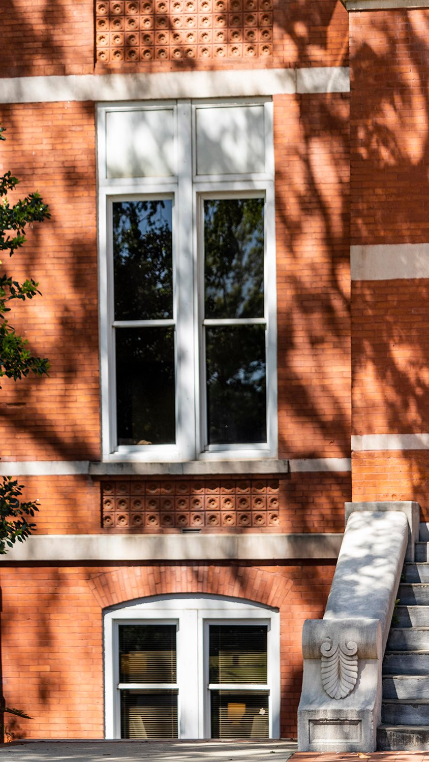 First-floor and basement windows on the facade of Samford Hall, Auburn, Alabama
