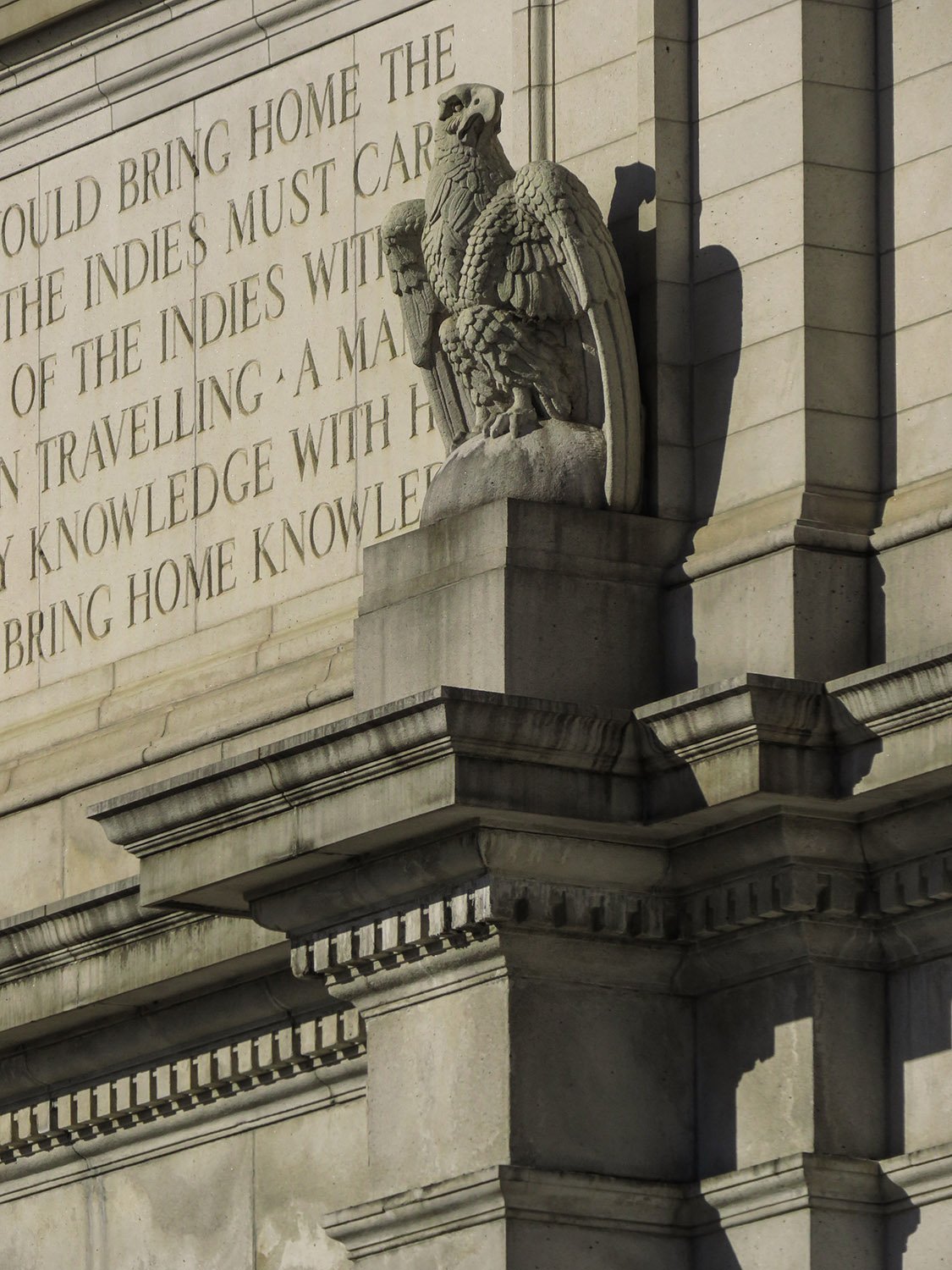 Eagle statuary and inscripted frieze on the south facade of Washington Union Station
