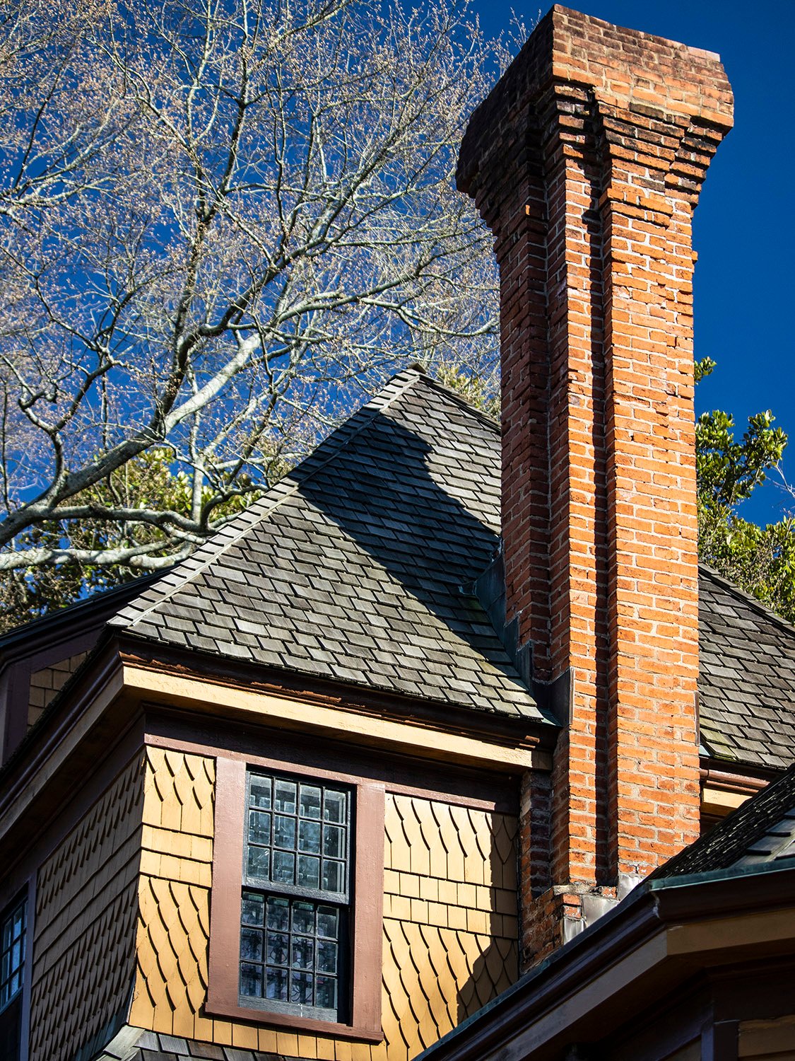 Fish-scale shingles and chimney on the second floor of The Wren's Nest