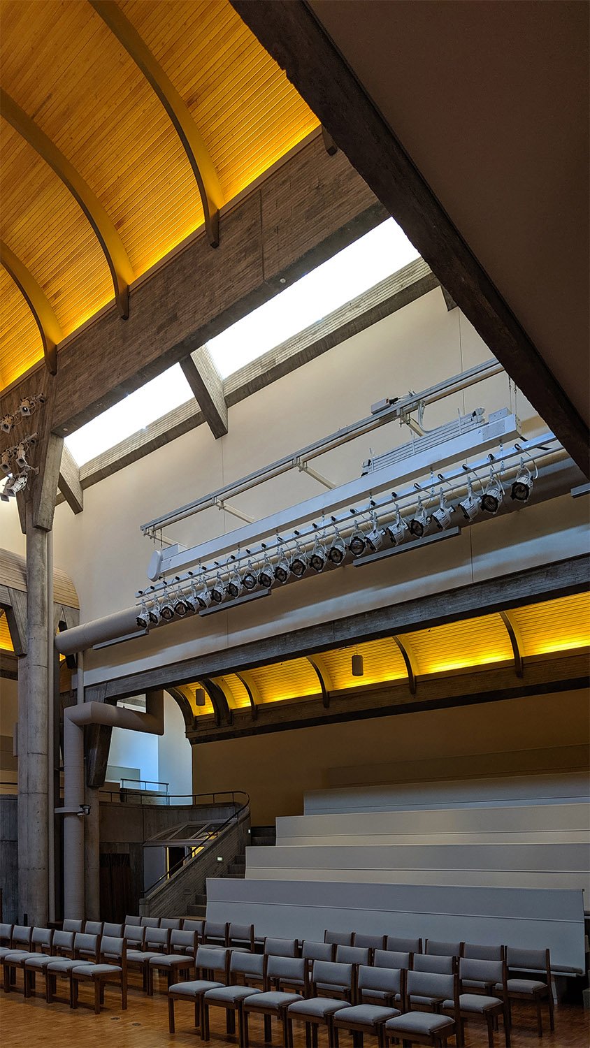 Looking up at the skylight in Cannon Chapel