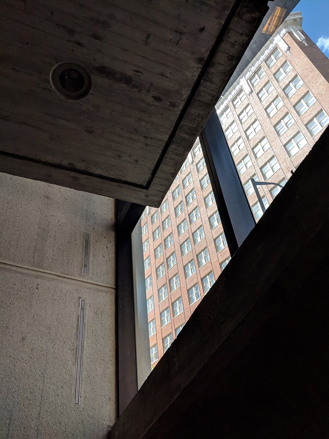 Looking out the trapezoidal window on the north elevation of the Atlanta Central Library