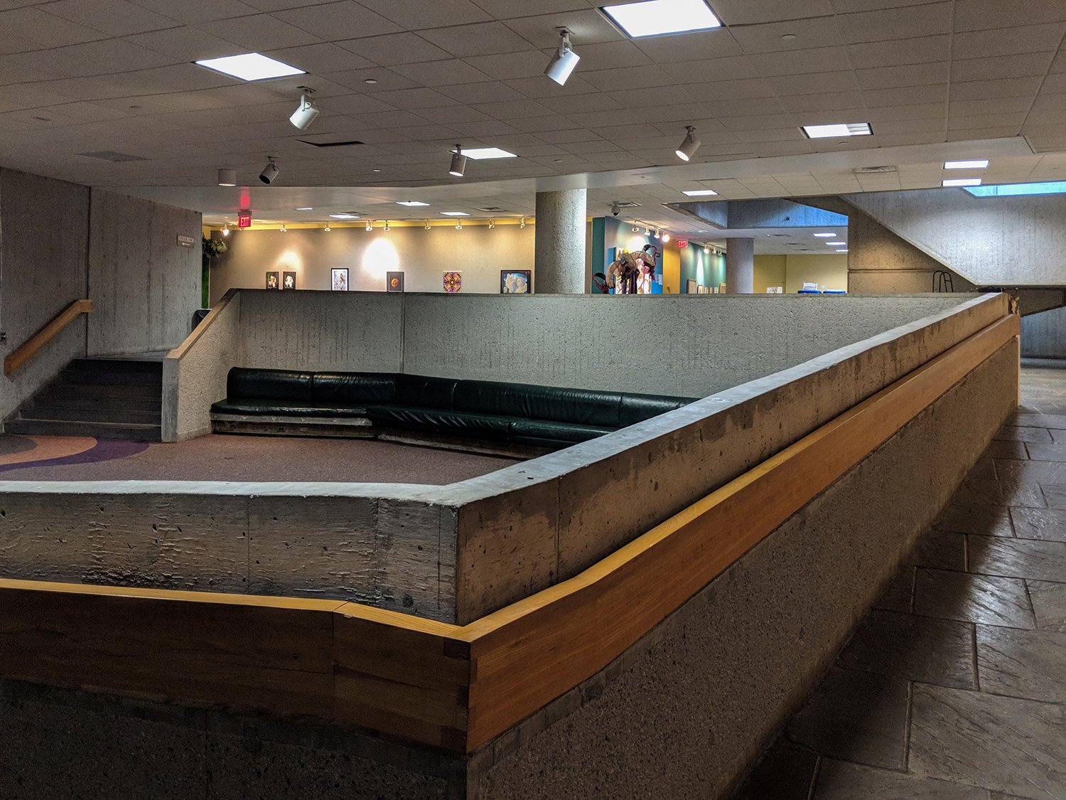 Seating area outside the auditorium in the basement of the Atlanta Central Library