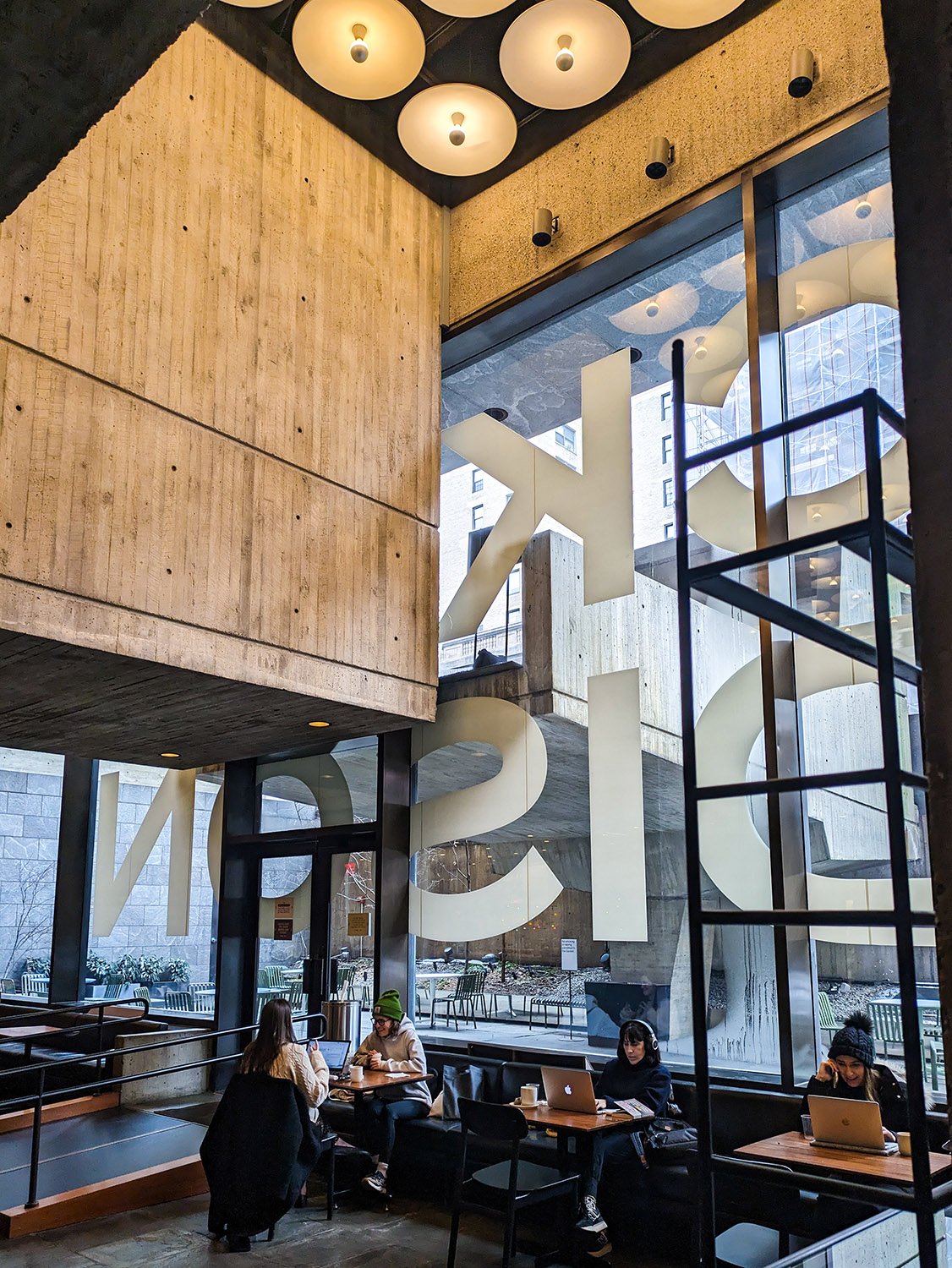 Looking up from the lower level of the Whitney Museum of Art, New York