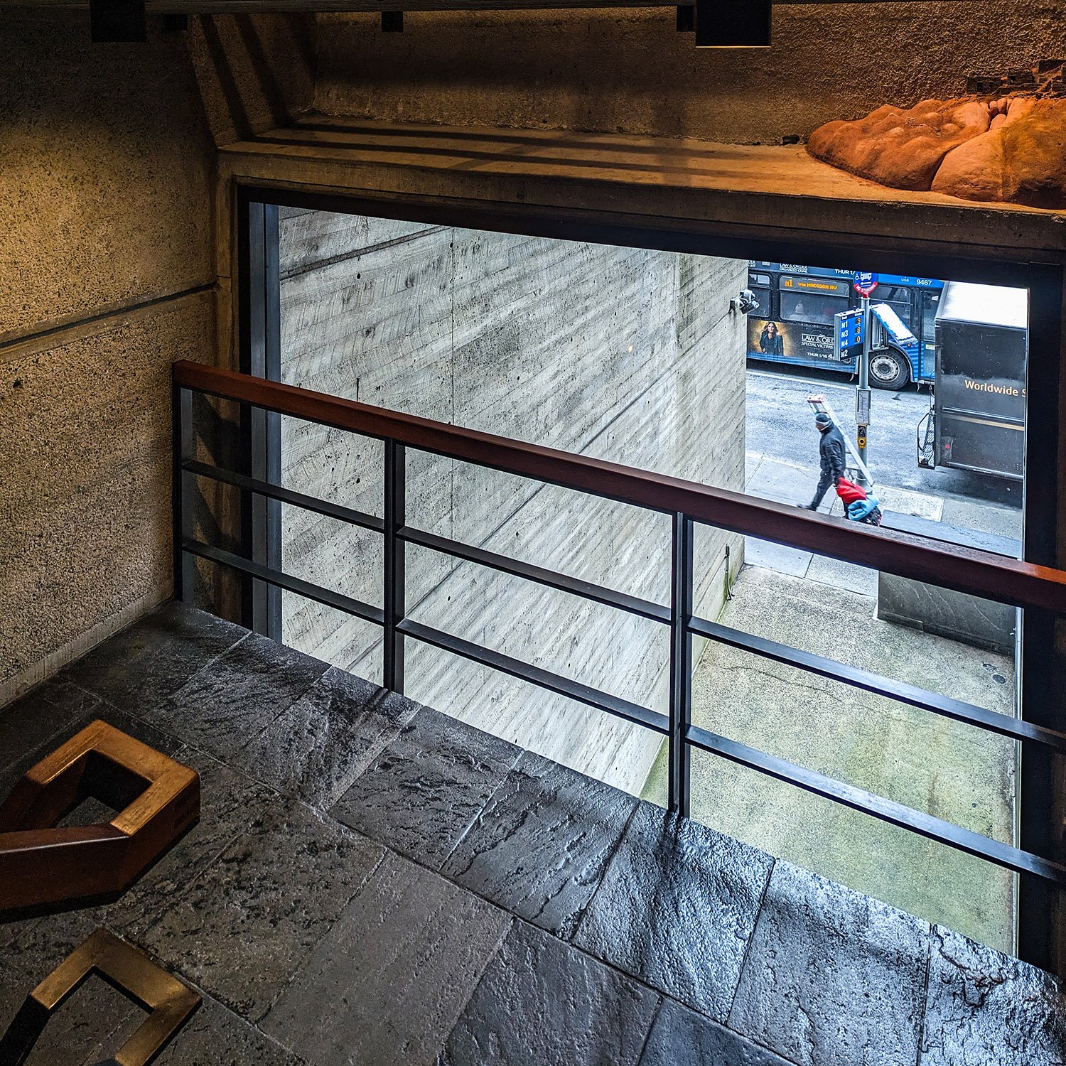 Looking at the street from the stairwell in the Whitney Museum of Art, New York