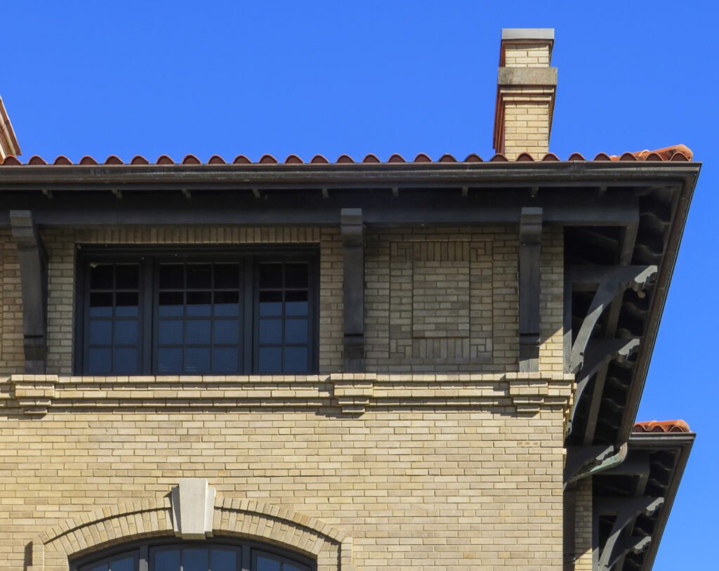 Third-floor window, brackets, and eaves on the southwest corner of the Sumter County Courthouse, Bushnell, Florida