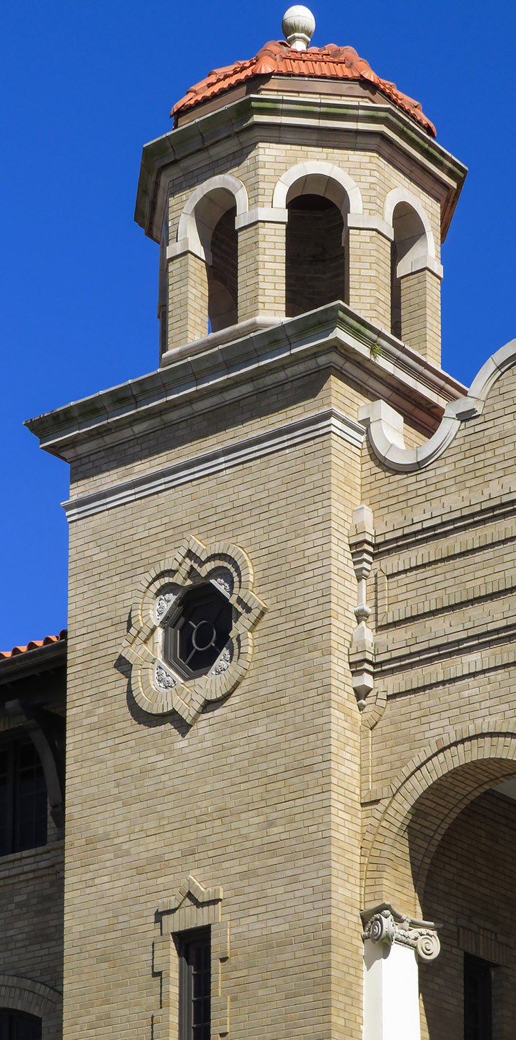 Tower and cupola on the facade of the Sumter County Courthouse, Bushnell, Florida