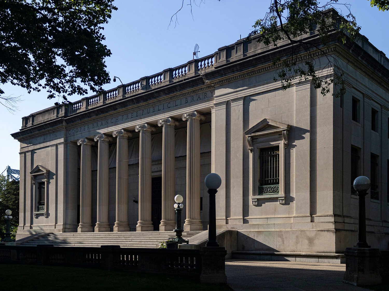 Looking at the Cooper Branch Free Public Library from the southeast