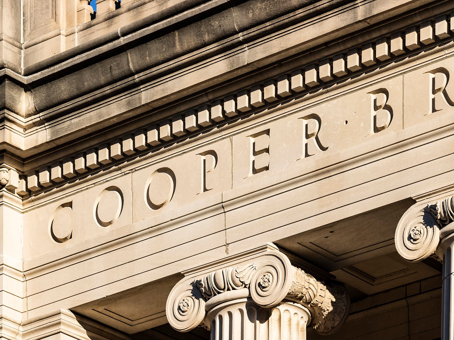 Cornice, inscription, and Ionic capitals on the Cooper Branch Free Public Library, Camden, New Jersey