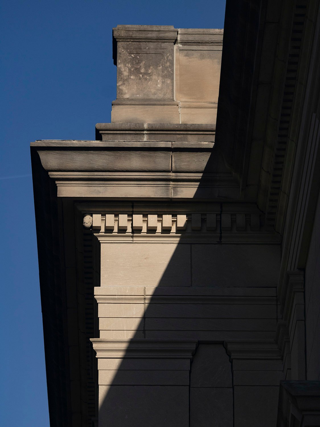 Pedestal, cornice, frieze, and pilasters on the north elevation of the Cooper Branch Free Public Library, Camden, New Jersey 