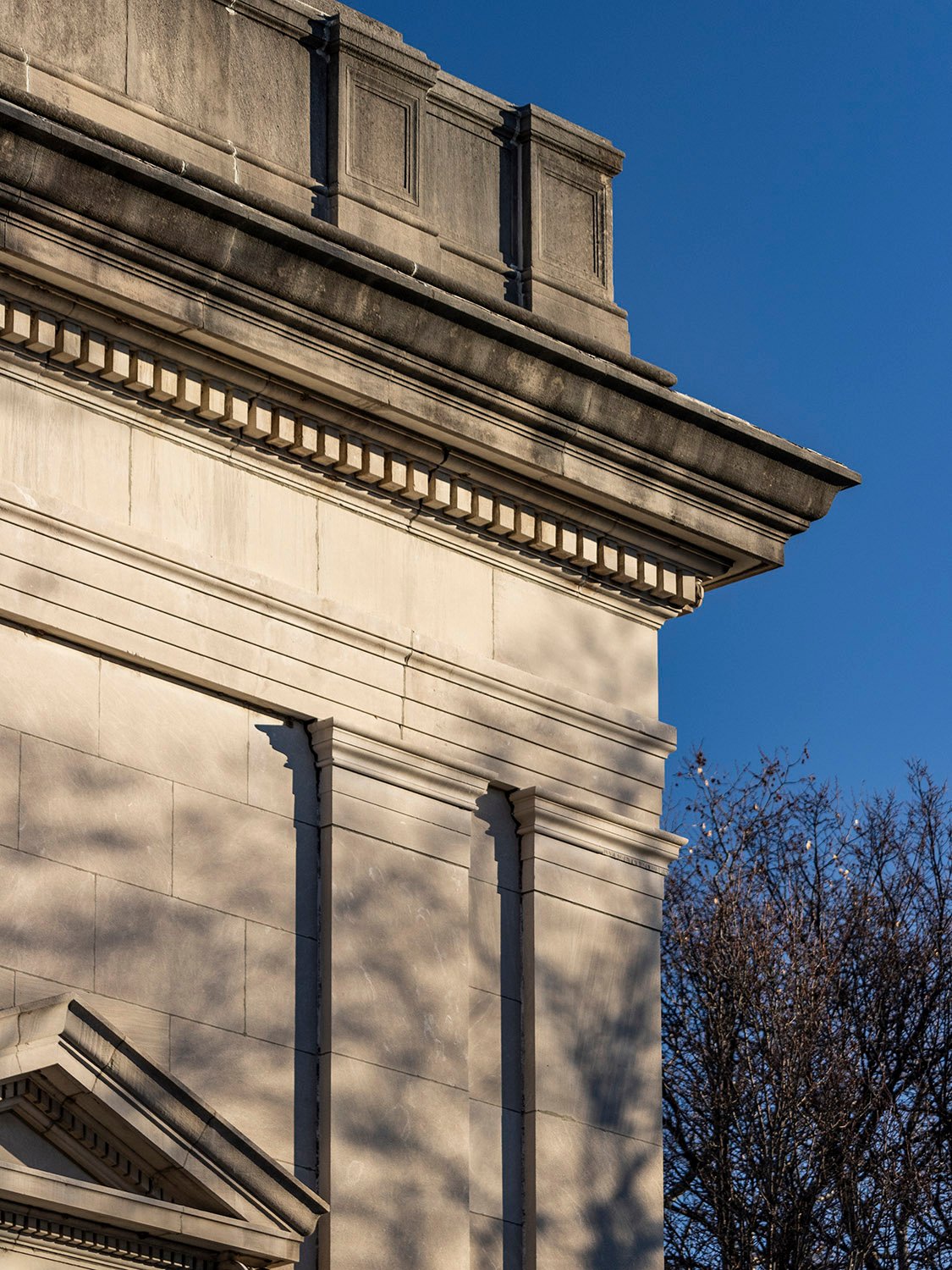 Cornice, frieze, and pilasters on the southeast corner of the Cooper Branch Free Public Library, Camden, New Jersey