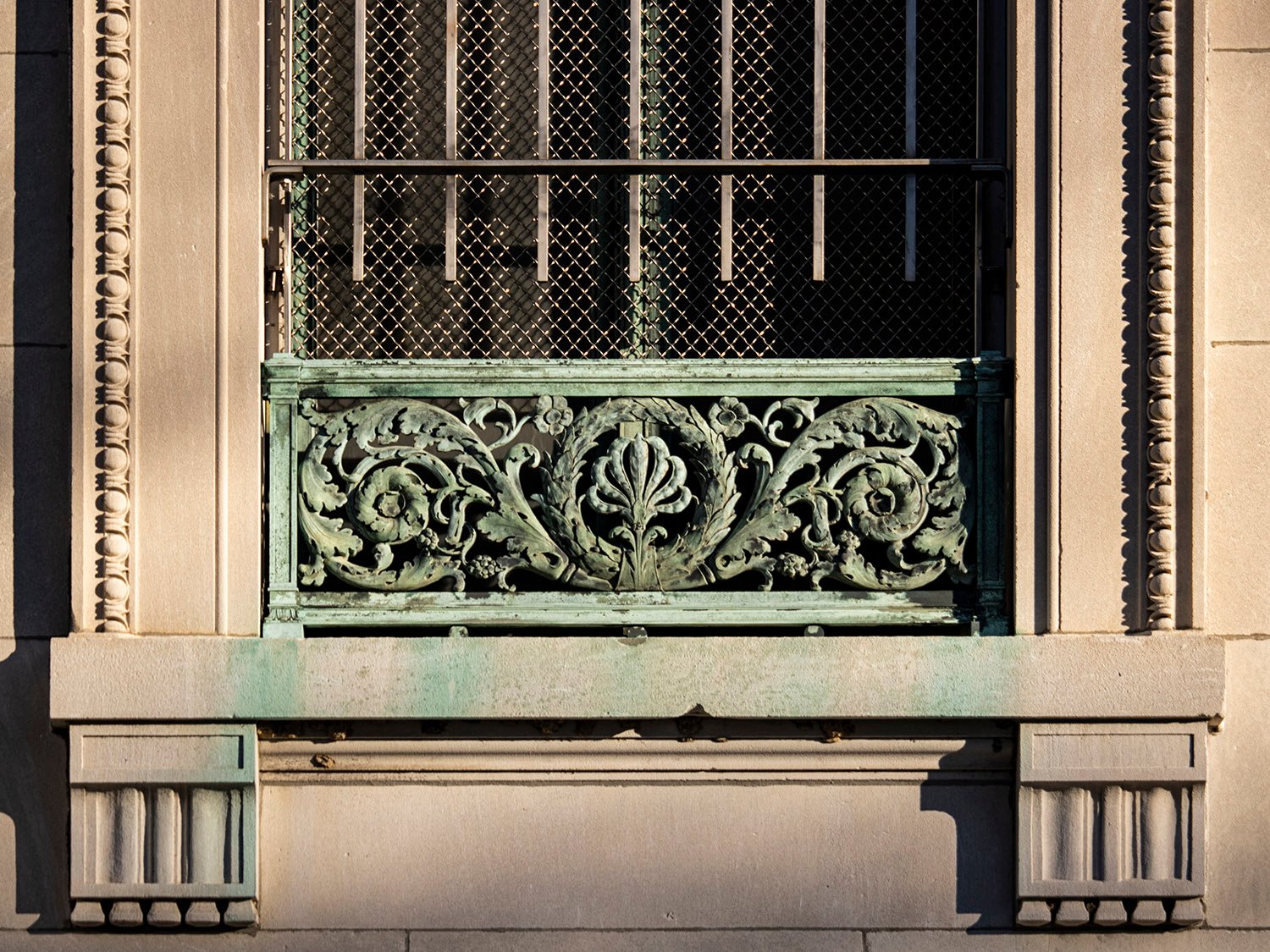 Achitrave, ornamental railing, and triglyphs on a window of the Cooper Branch Free Public Library, Camden, New Jersey 