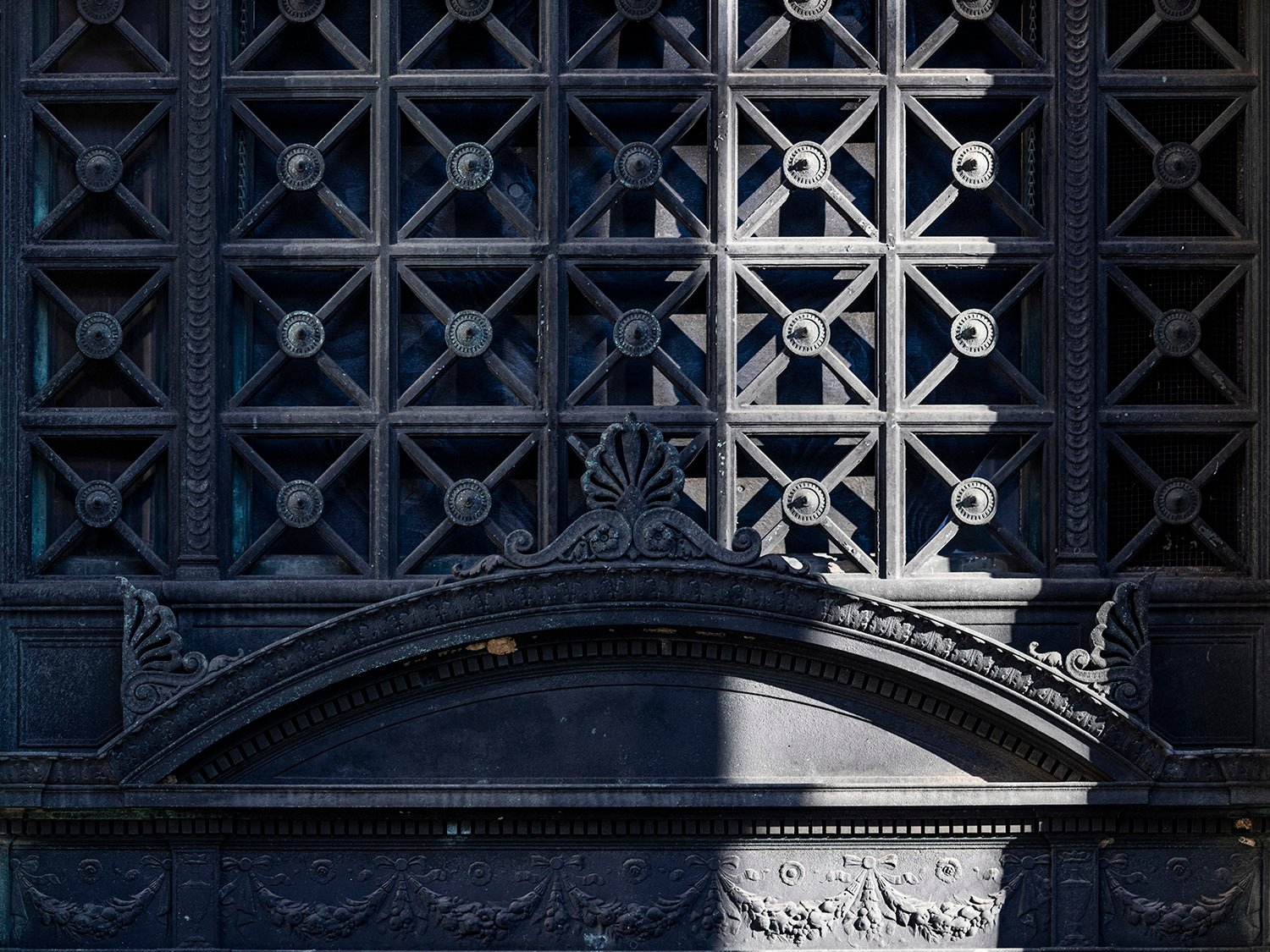 Ornamental iron and pediment above the main entrance of the Cooper Branch Free Public Library, Camden, New Jersey