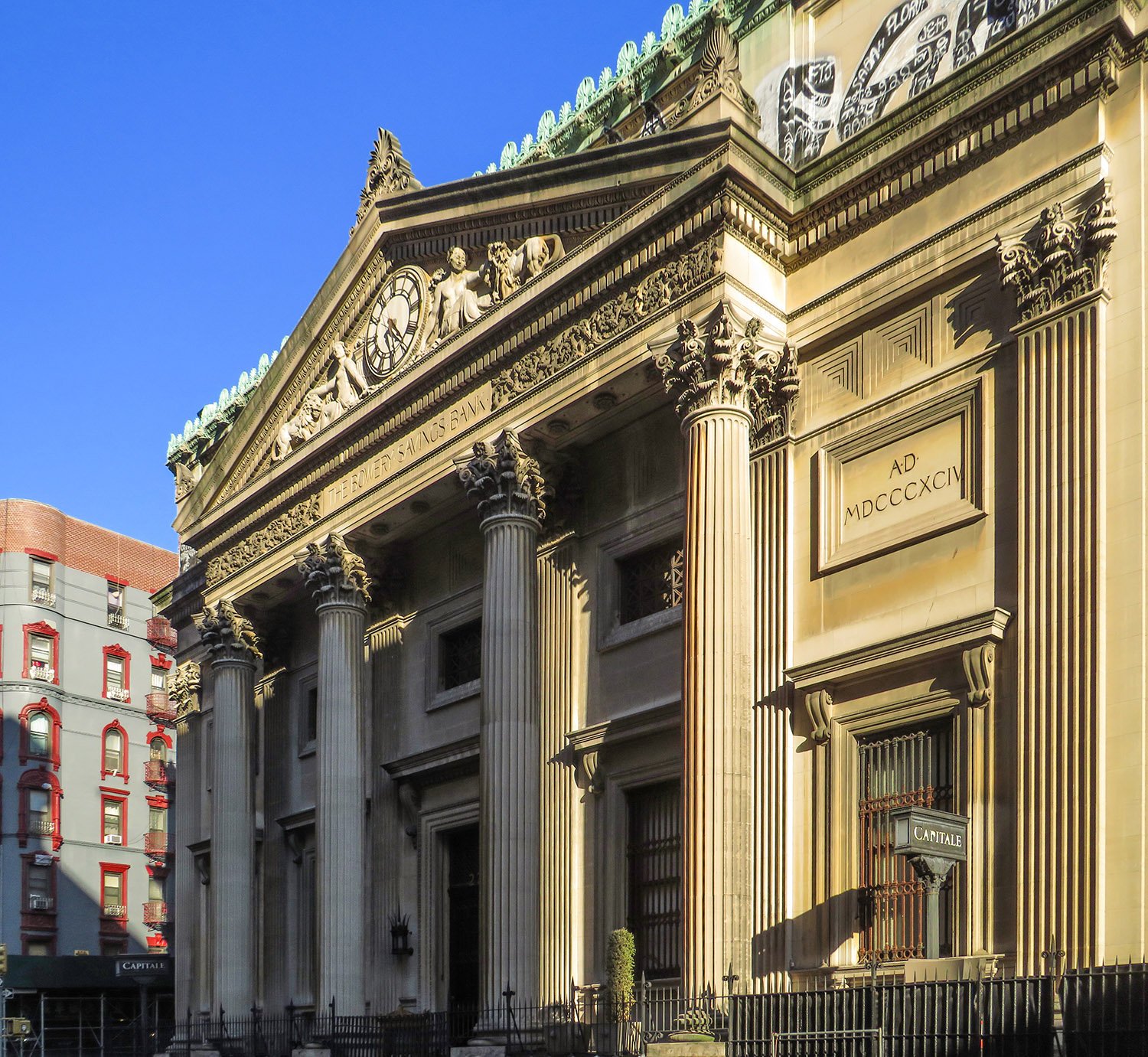 Looking at the Grand Street facade of the Bowery Savings Bank, New York