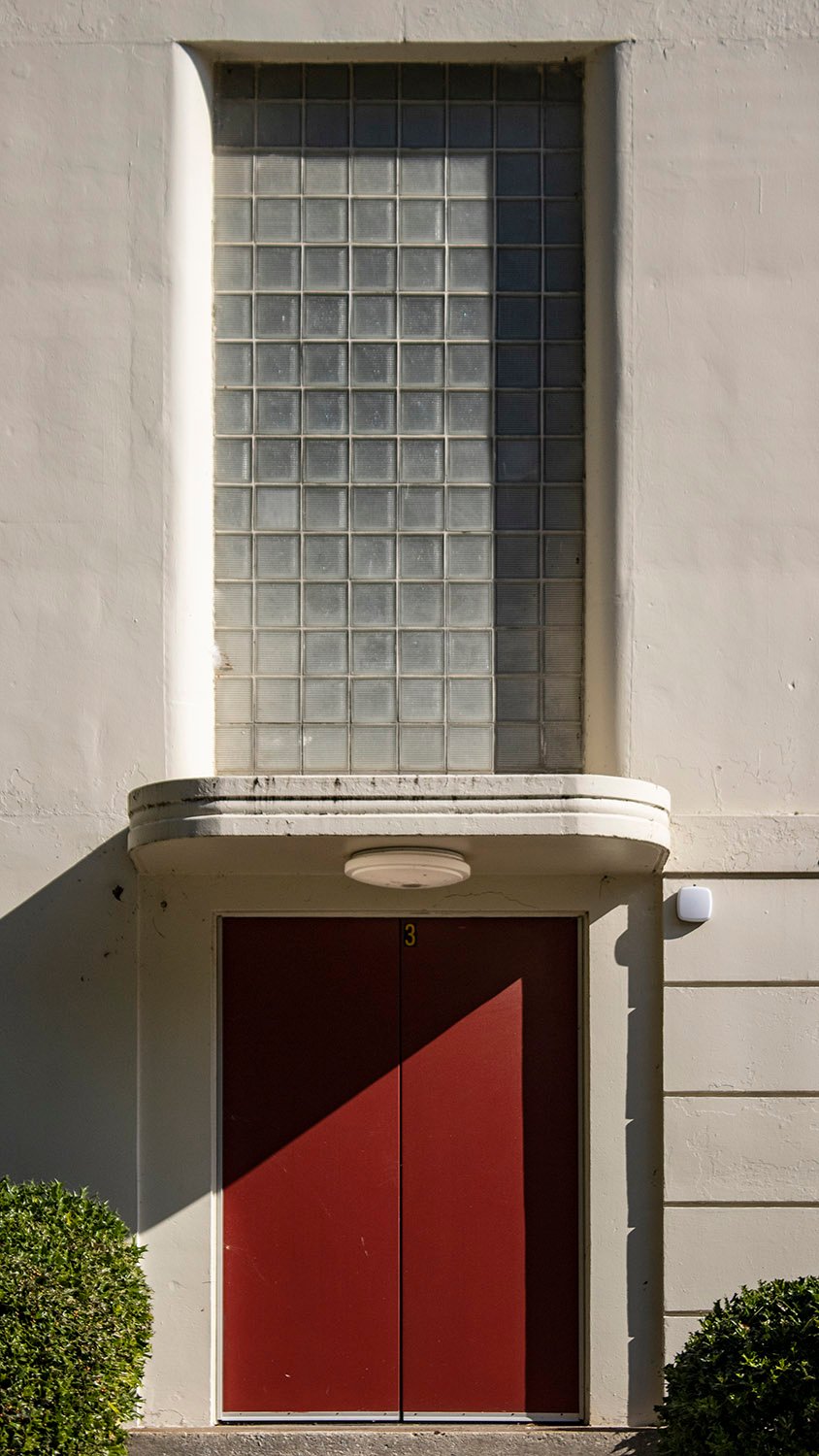 Entrance and glass-block window on the facade of Morris Brandon School, Atlanta