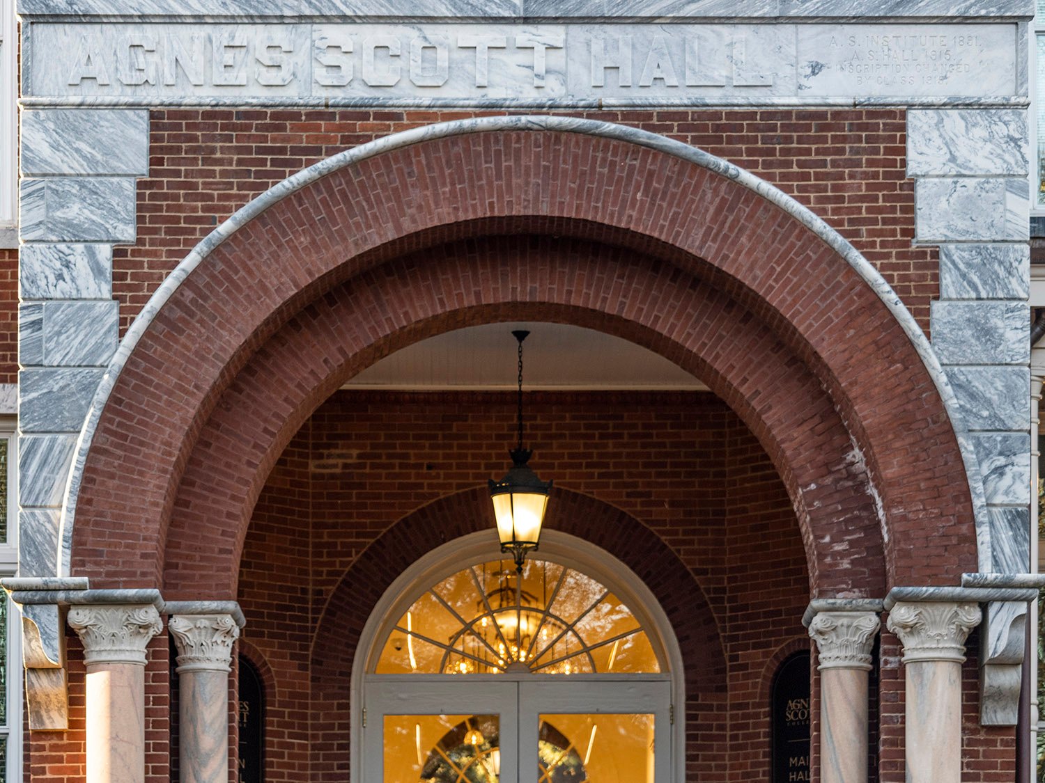 Inscription and arch at the entrance of Agnes Scott Hall, Decatur, Georgia