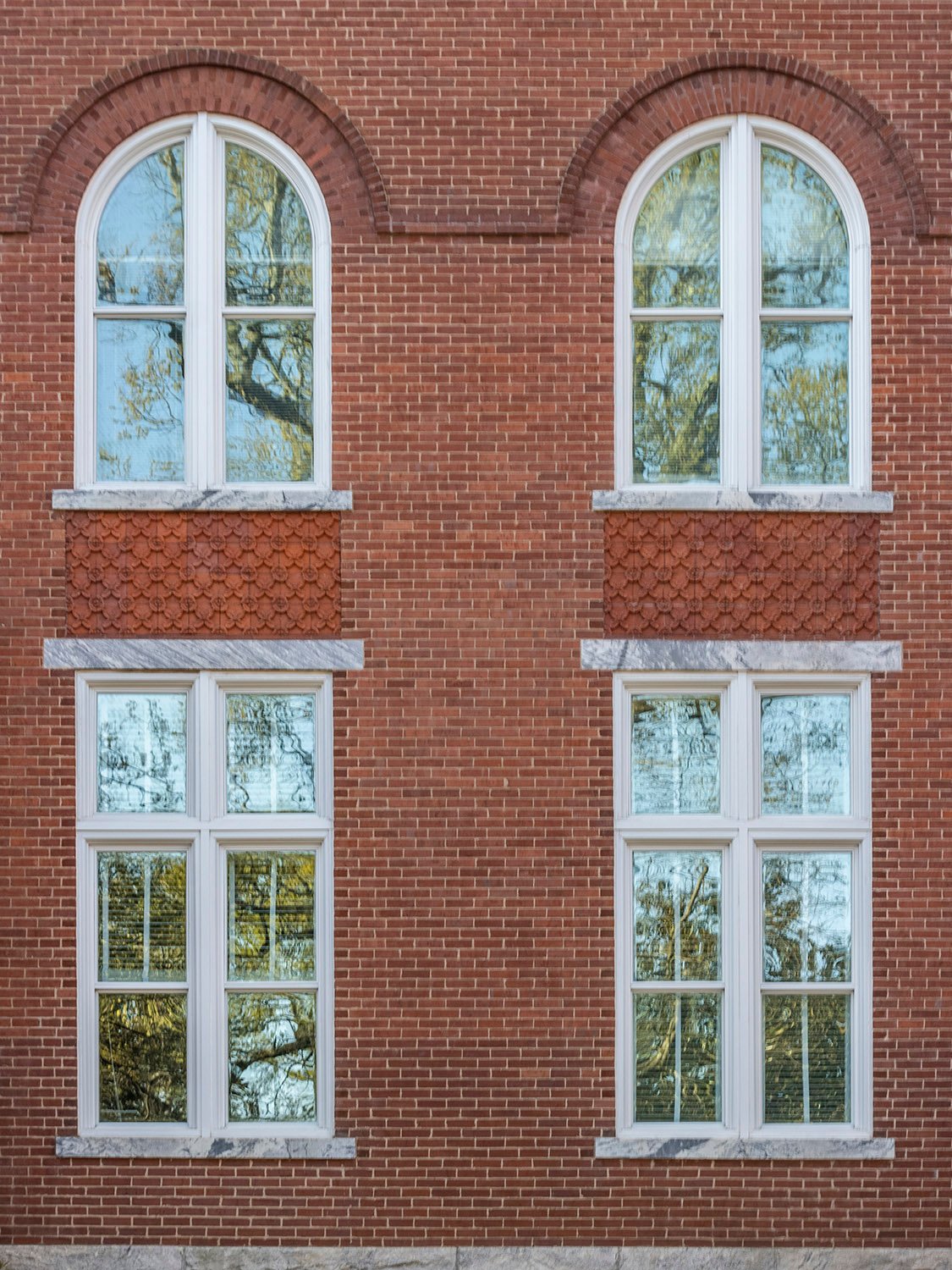 First- and second-floor windows on the facade of Agnes Scott Hall, Decatur, Georgia
