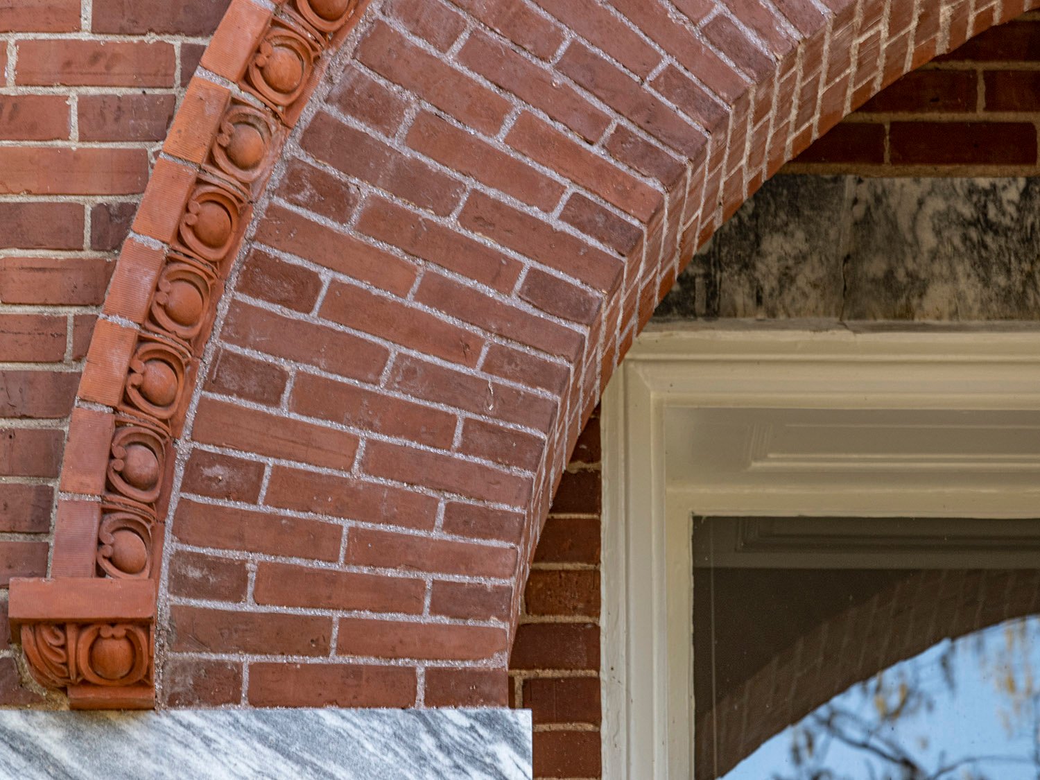 Brickwork and terracotta weather-molding on the facade of Agnes Scott Hall, Decatur, Georgia