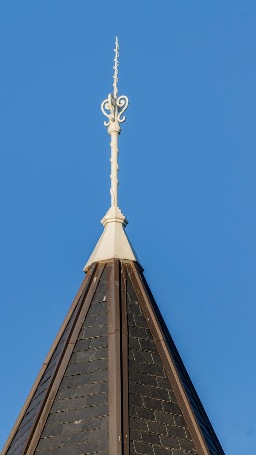 Finial and shingles on the northwest turret of Agnes Scott Hall, Decatur, Georgia