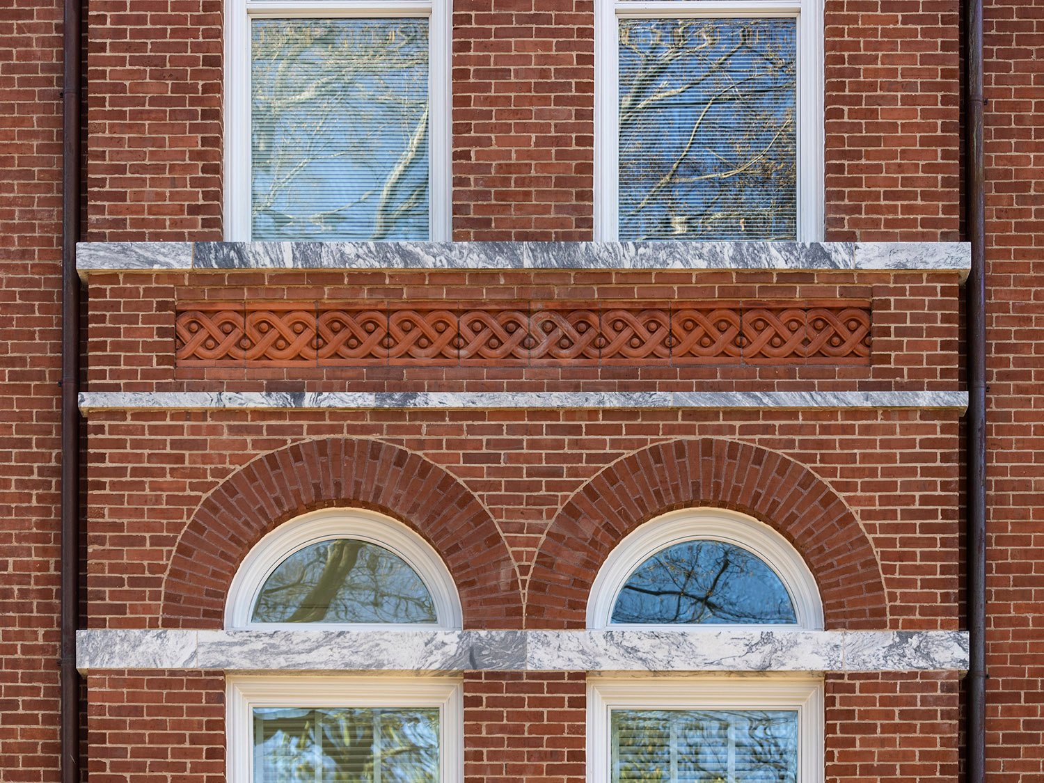 First- and second-floor windows on the facade of Agnes Scott Hall, Decatur, Georgia