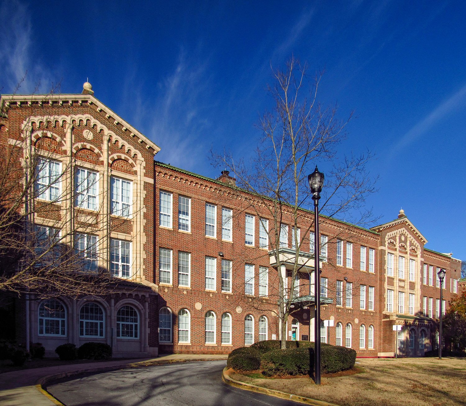 Looking at the facade of Joseph E. Brown Junior High School from the southeast