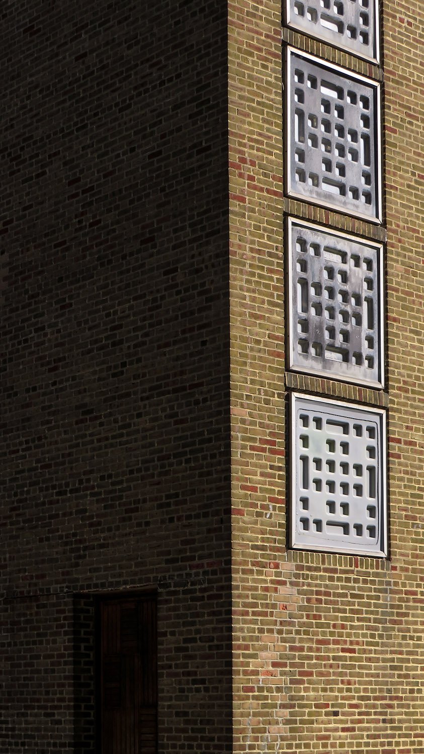 Panels on the facade of the campanile at First Christian Church, Columbus, Indiana
