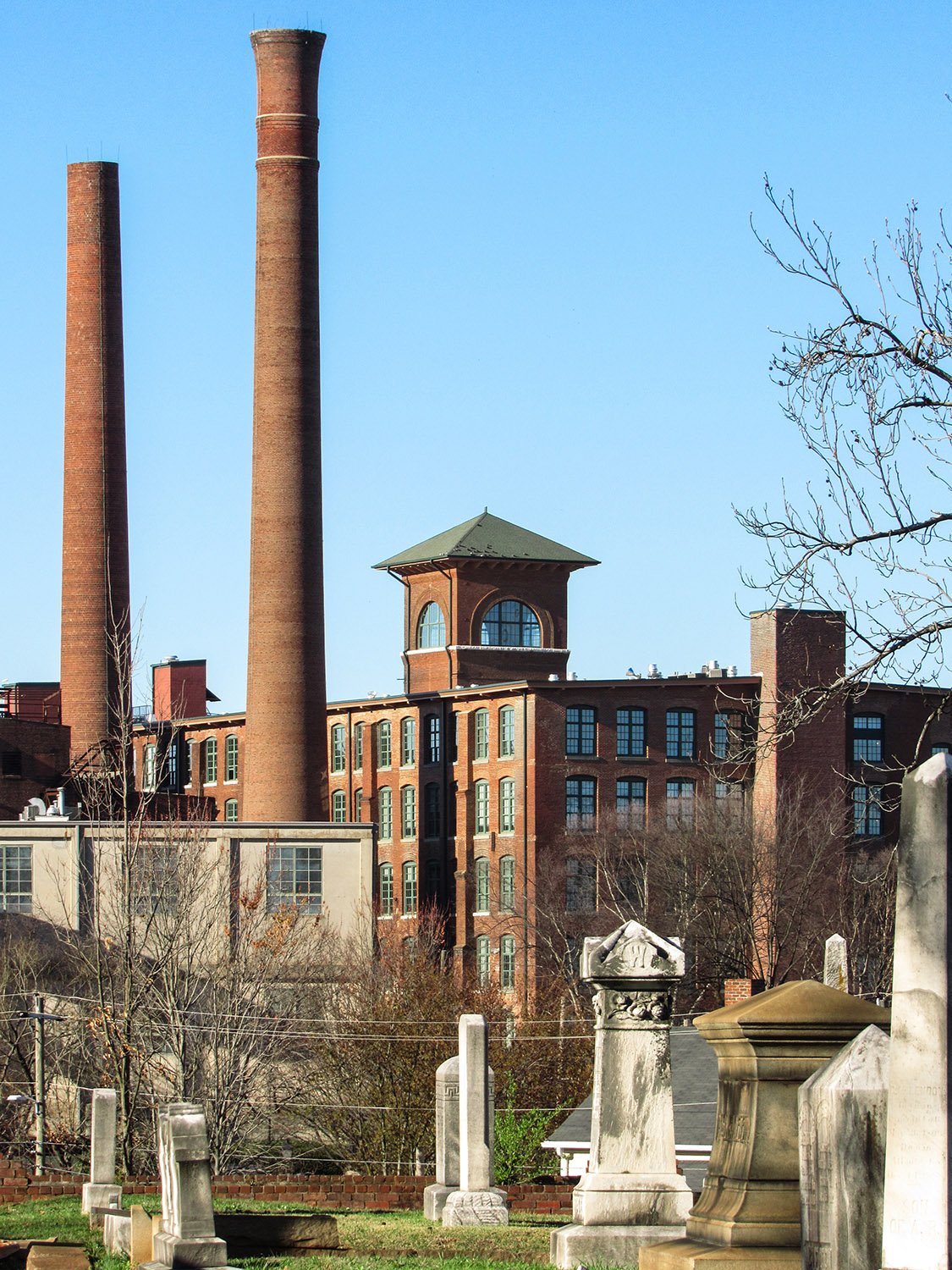 Looking toward the former Fulton Bag and Cotton Mills from Oakland Cemetery, Atlanta.