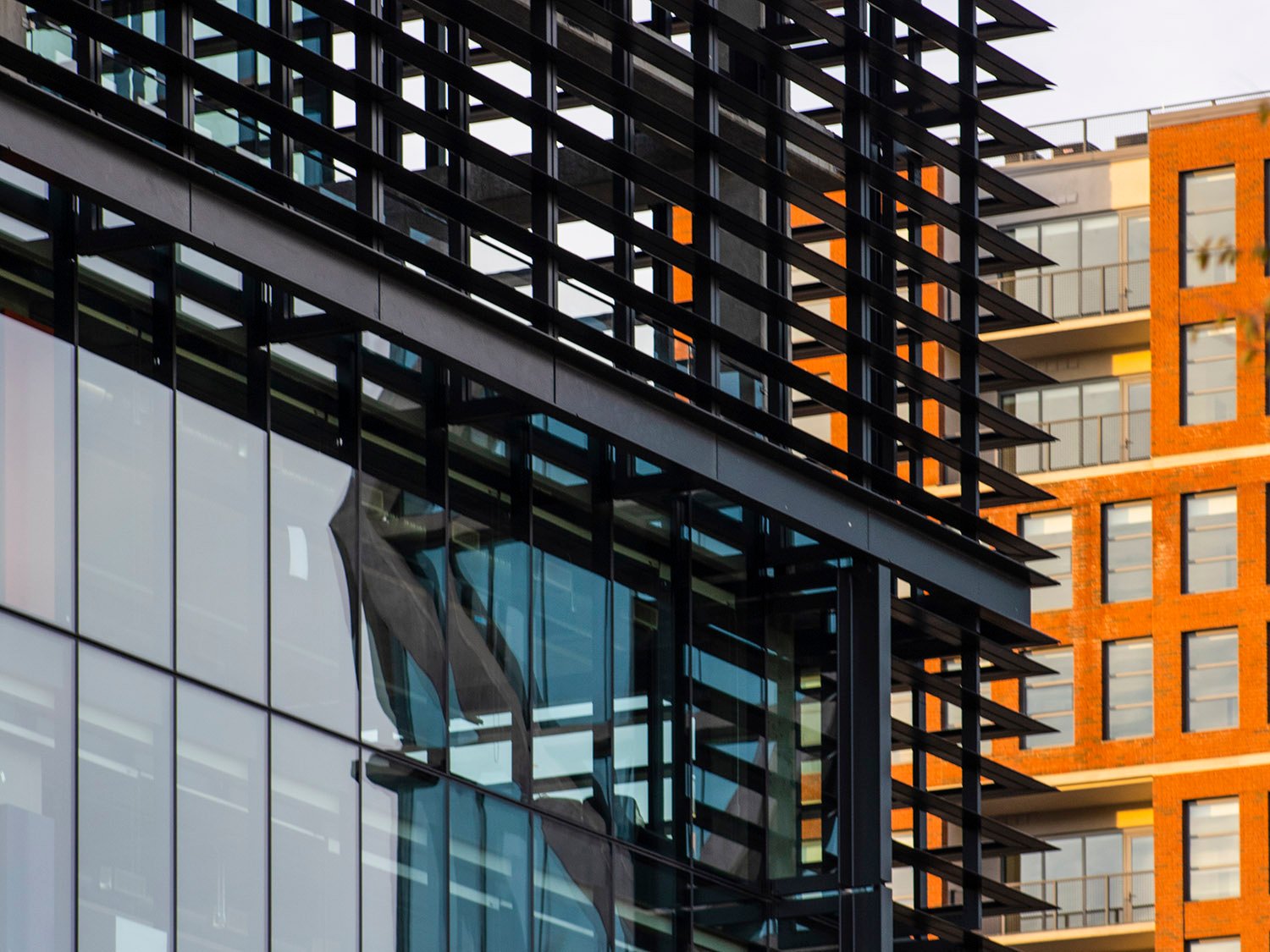 Windows and aluminum screens on the north facade of Fourth Ward, Atlanta