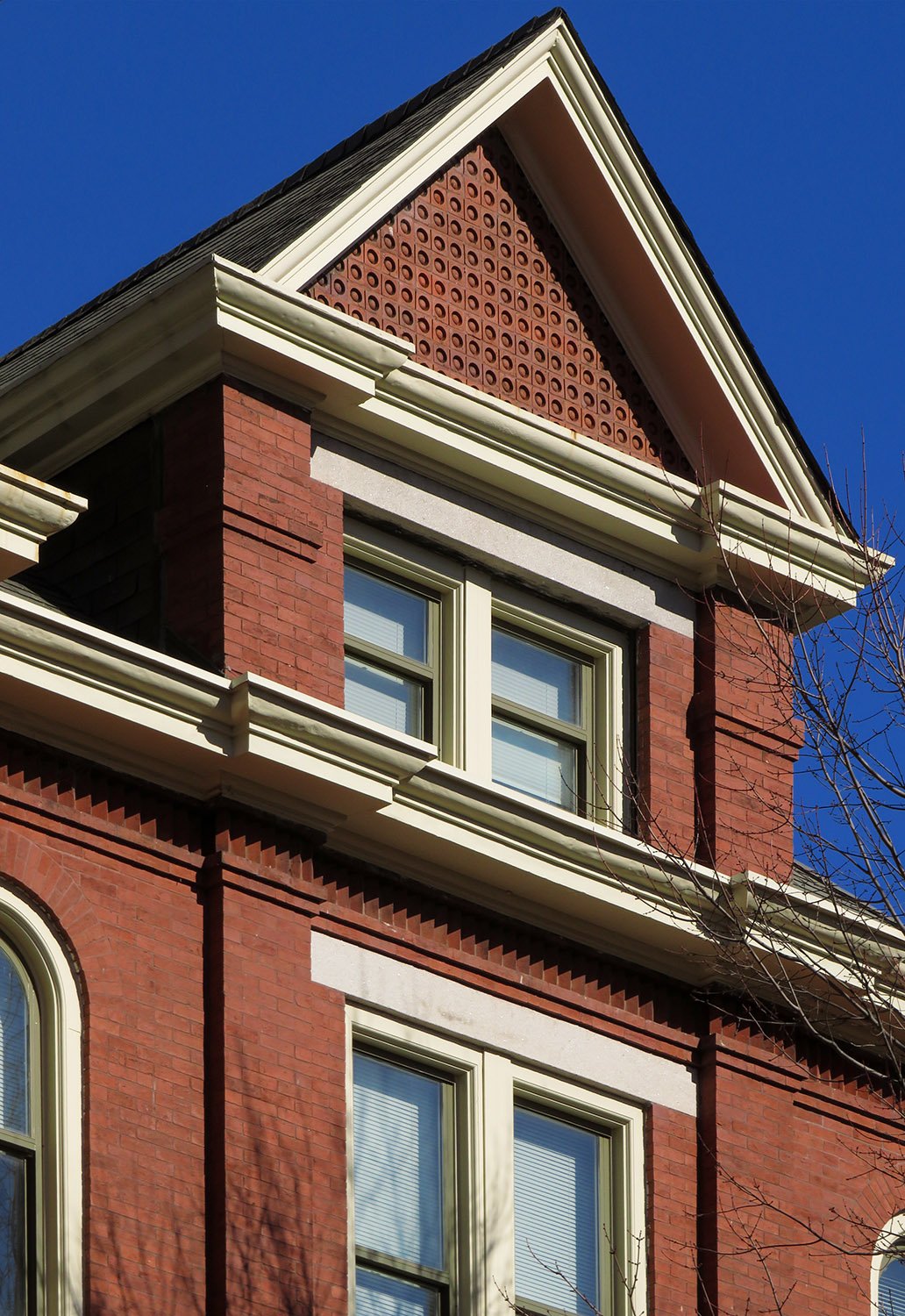 Fourth-floor gable dormer on the facade of the Academic Building at Georgia Tech, Atlanta