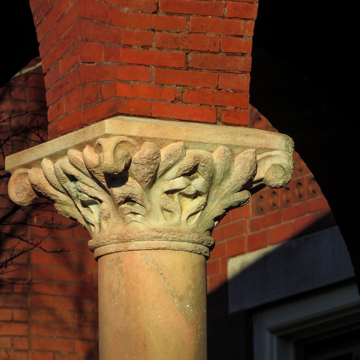 Cushion capital and marble column on the front porch of the Academic Building at Georgia Tech, Atlanta