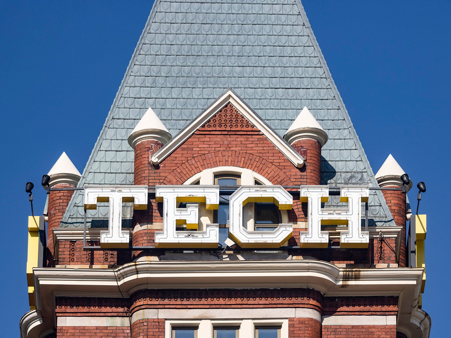 Gable dormer and spires on the tower of the Academic Building at Georgia Tech, Atlanta