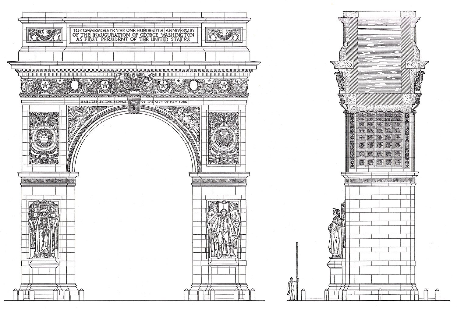 Elevation and section drawing of the Washington Square Arch, New York