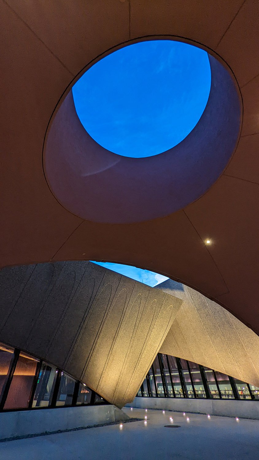 Looking up at the skylight in the porte cochere of Winter Park Library & Events Center, Winter Park, Florida