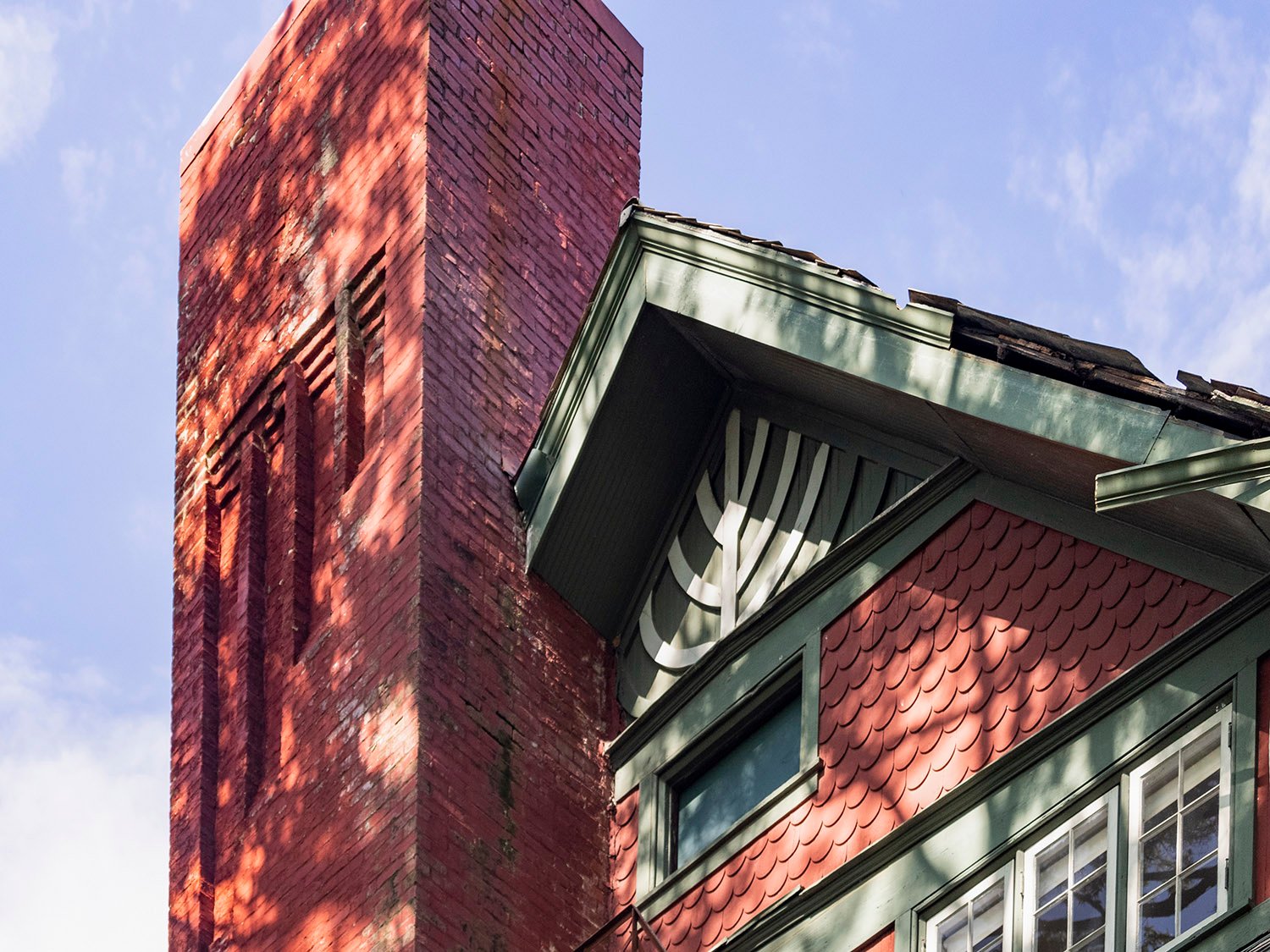 Chimney and gable on the west elevation of the Anniston Inn kitchen and dining hall