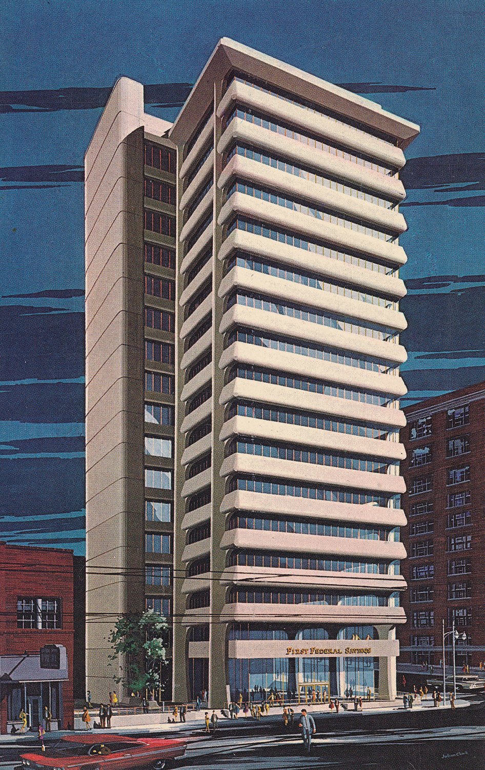 Tomberlin-Sheetz. First Federal Savings and Loan Association Building (1964). Illustration from an undated postcard published by Curteicholor.
