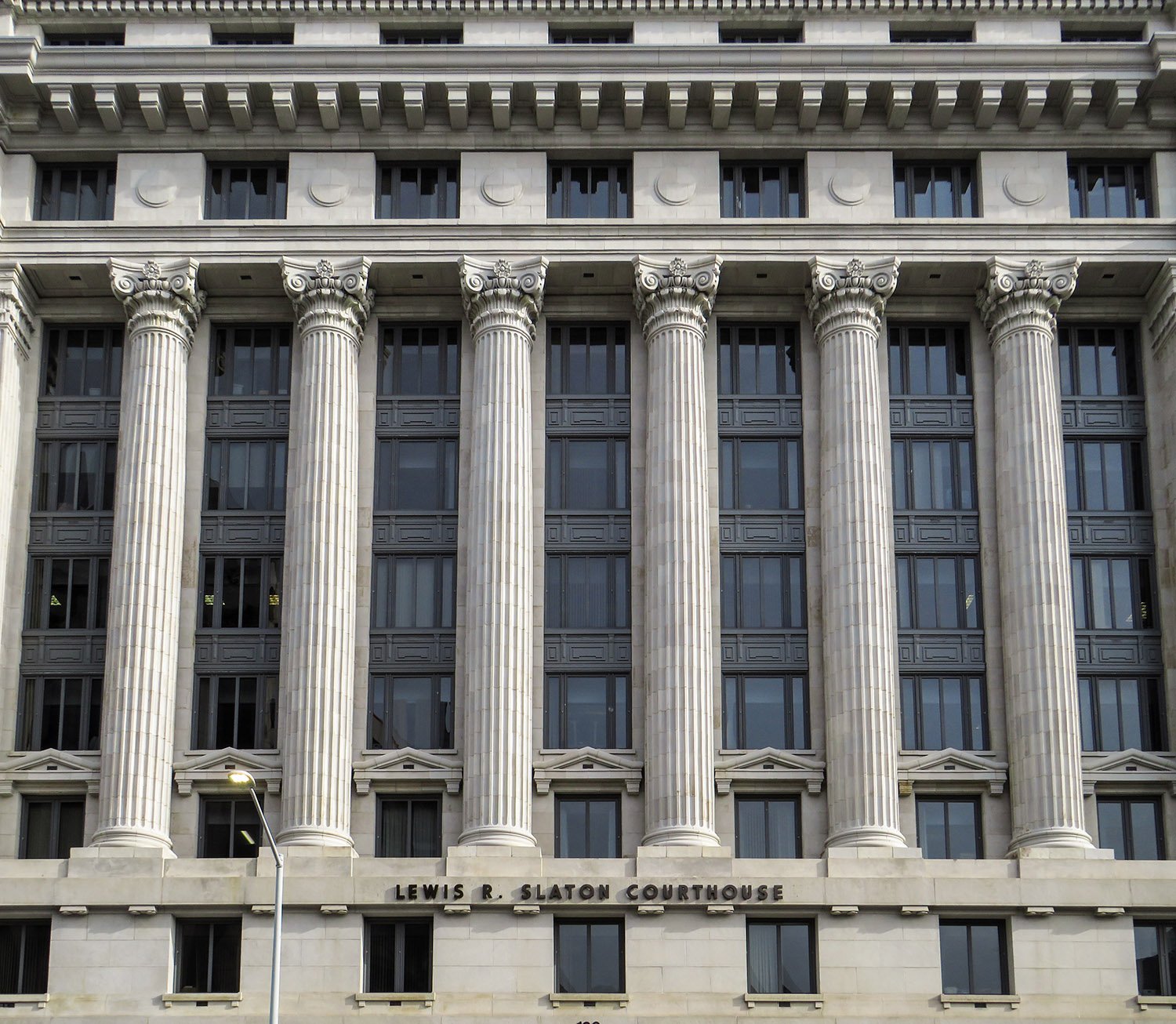 Looking up at the facade of the Fulton County Courthouse, Atlanta