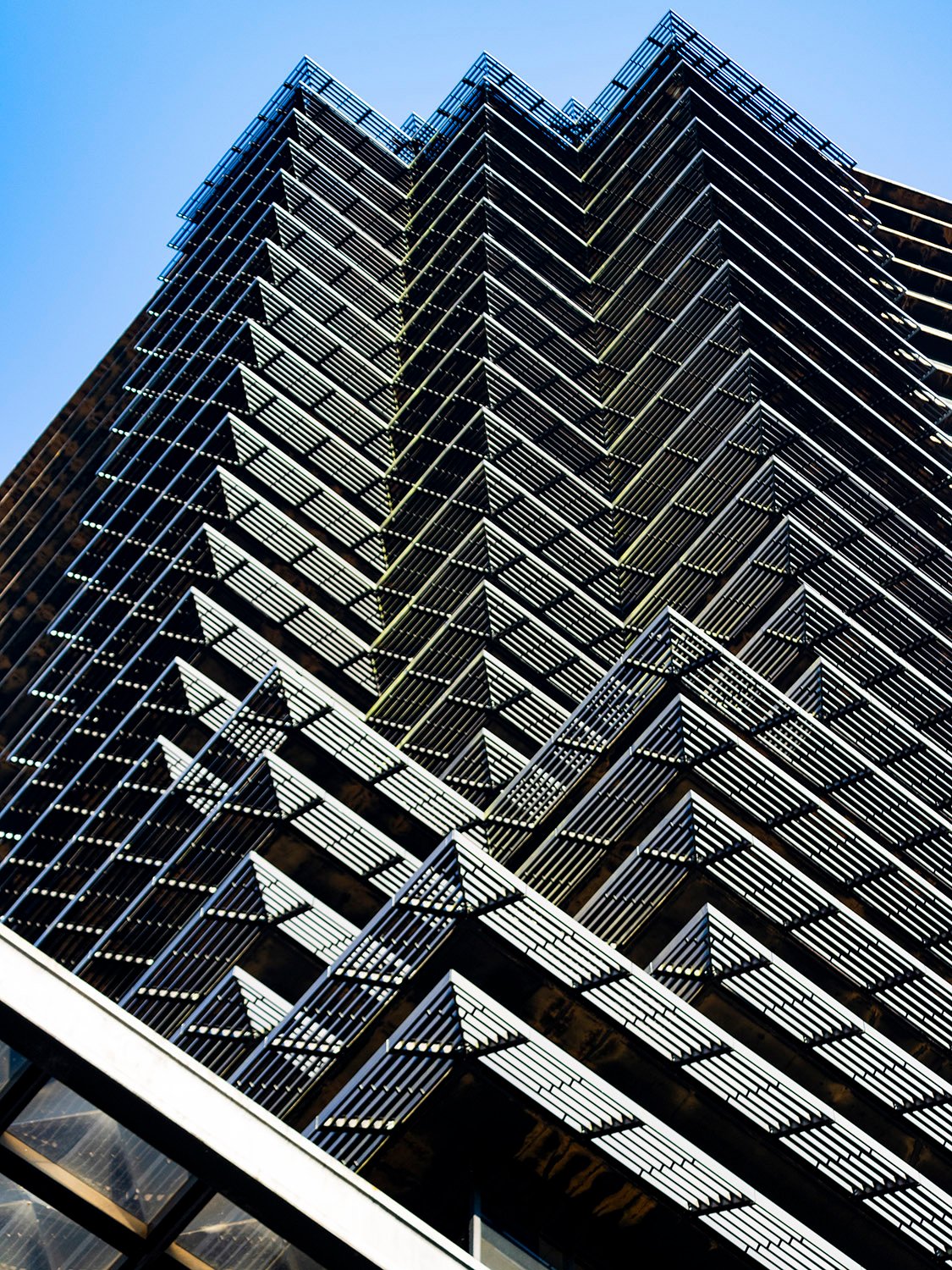 Looking up at the northwest corner of Three Ravinia Drive