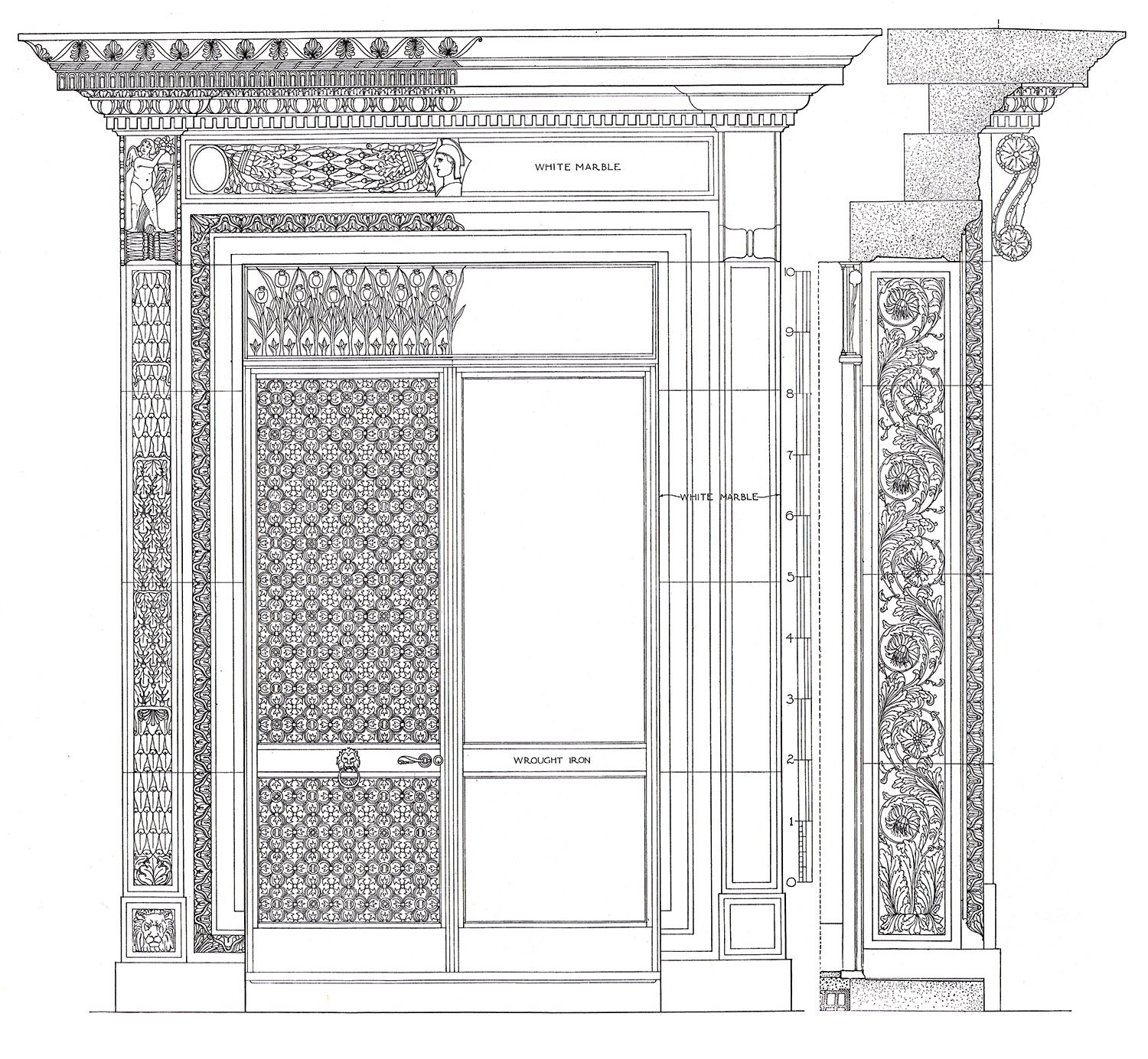 Elevation and section drawing of the front doorway on the Payne Whitney Residence, New York