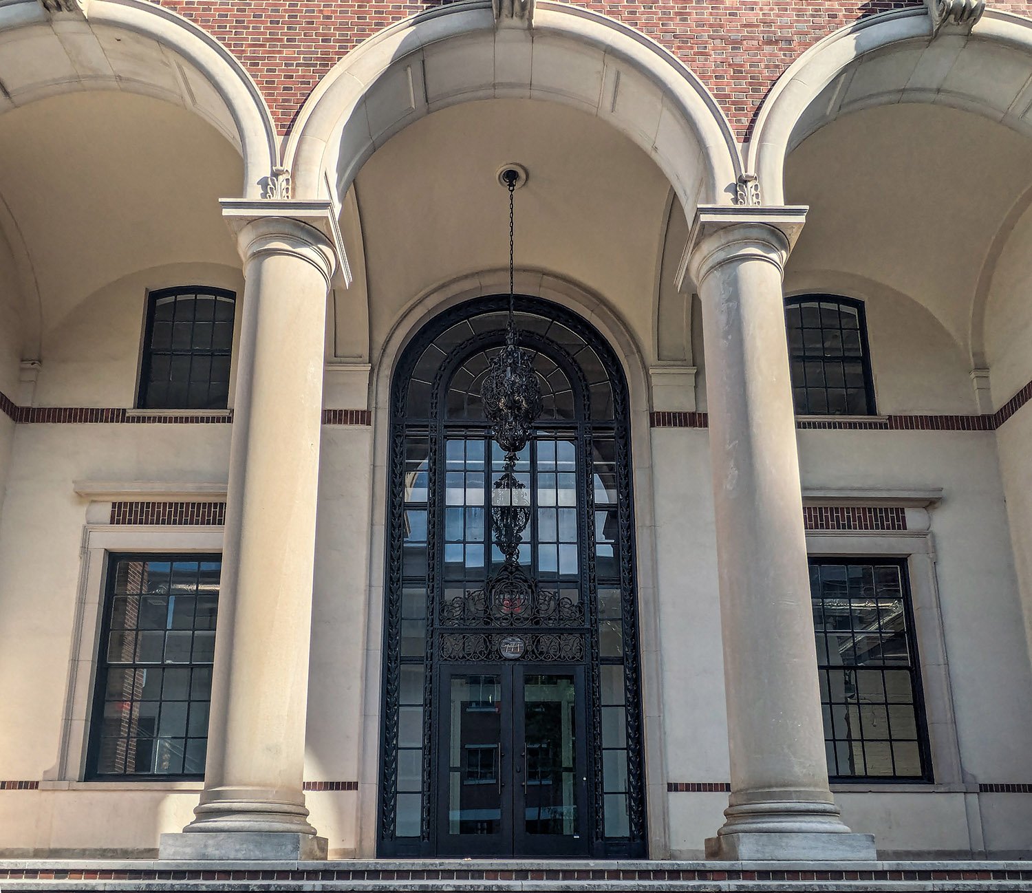Looking up at the portico of the Crum & Forster Building, Atlanta