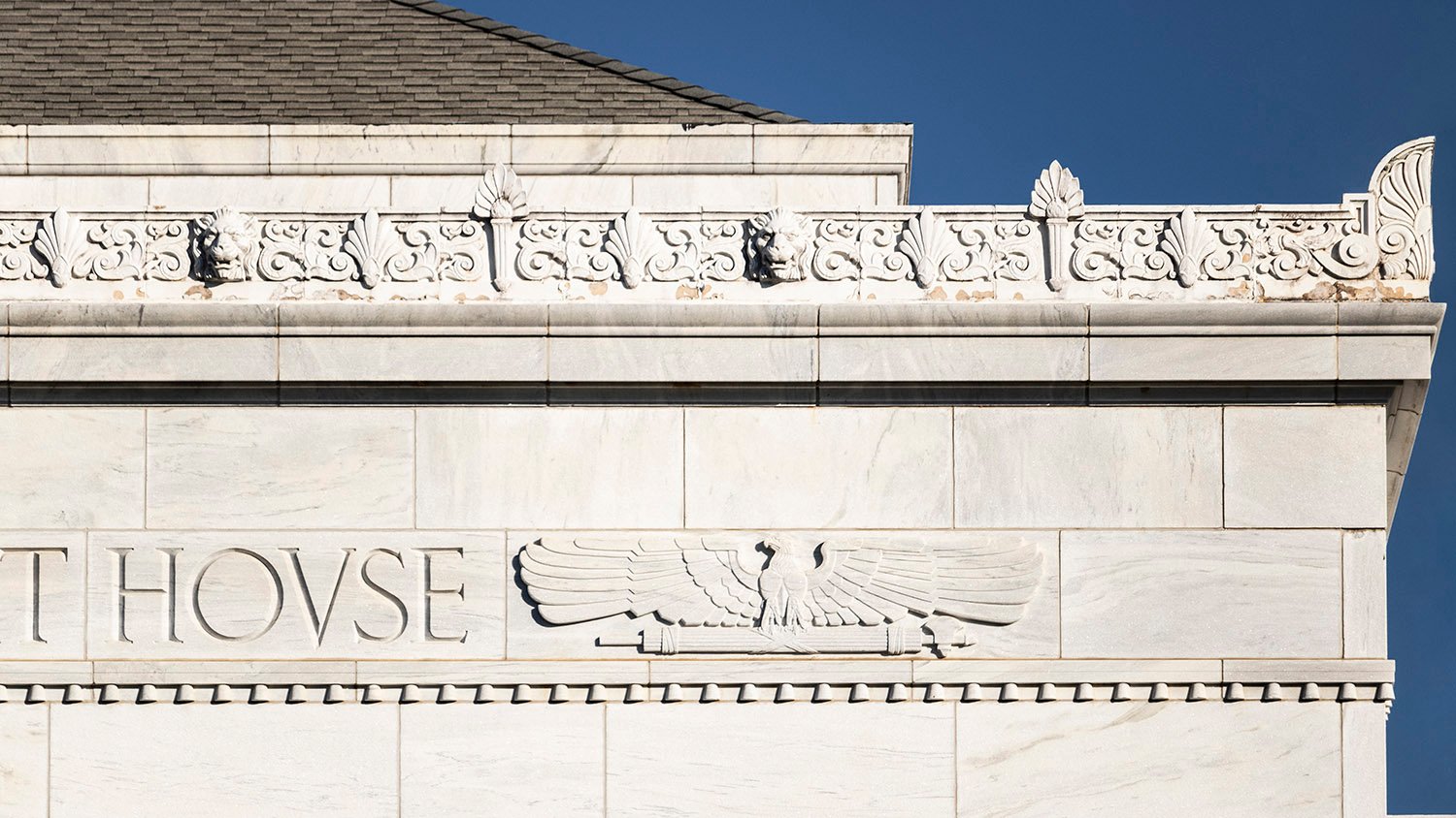 Cornice and bas-relief ornamentation on the Hall County Courthouse
