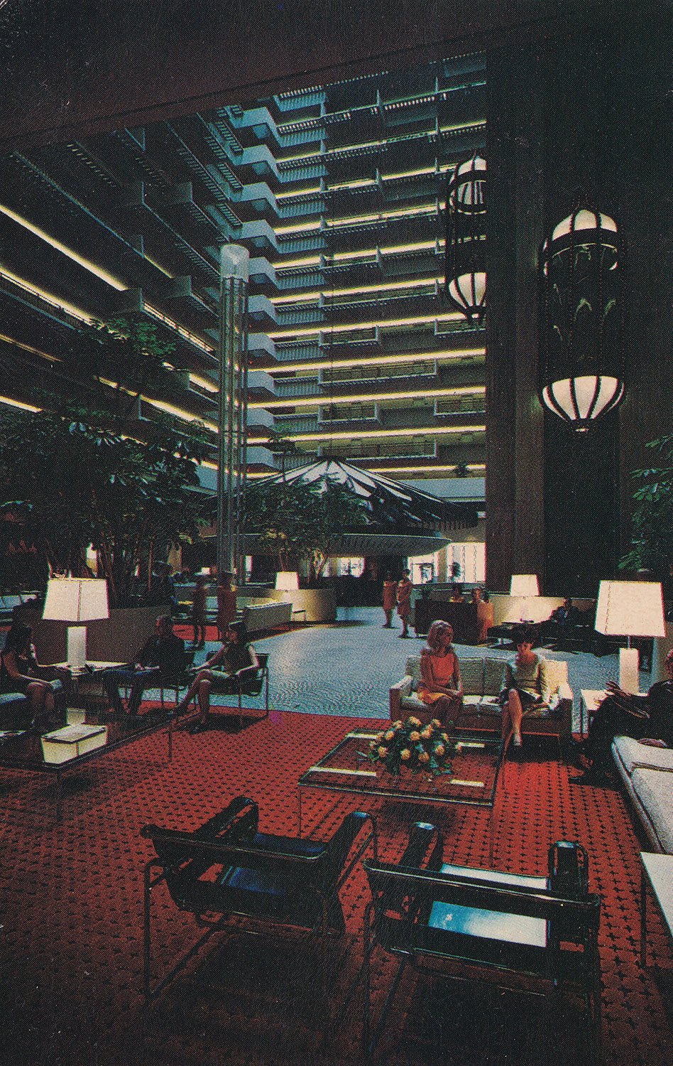 View of the original atrium design of the Regency Hyatt Hotel. Atlanta. Photograph from an undated postcard published by GA Scenic South Co., of Pell City, Alabama.