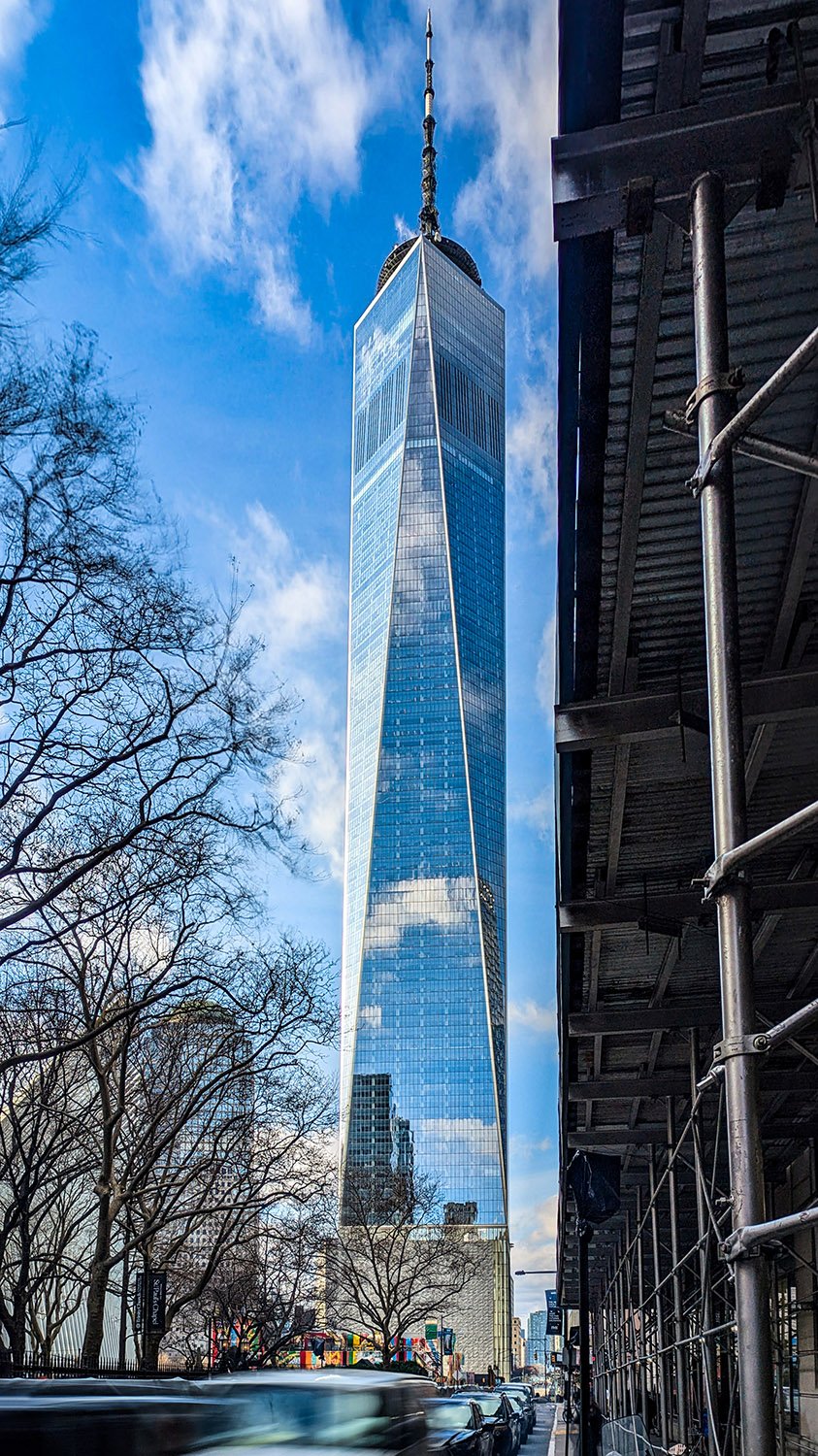 Looking up at One World Trade Center from the east