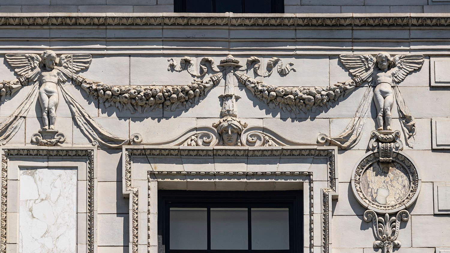 Ornamentation over a third-floor window on the Robert Wilson Patterson Residence, Washington, D.C. 