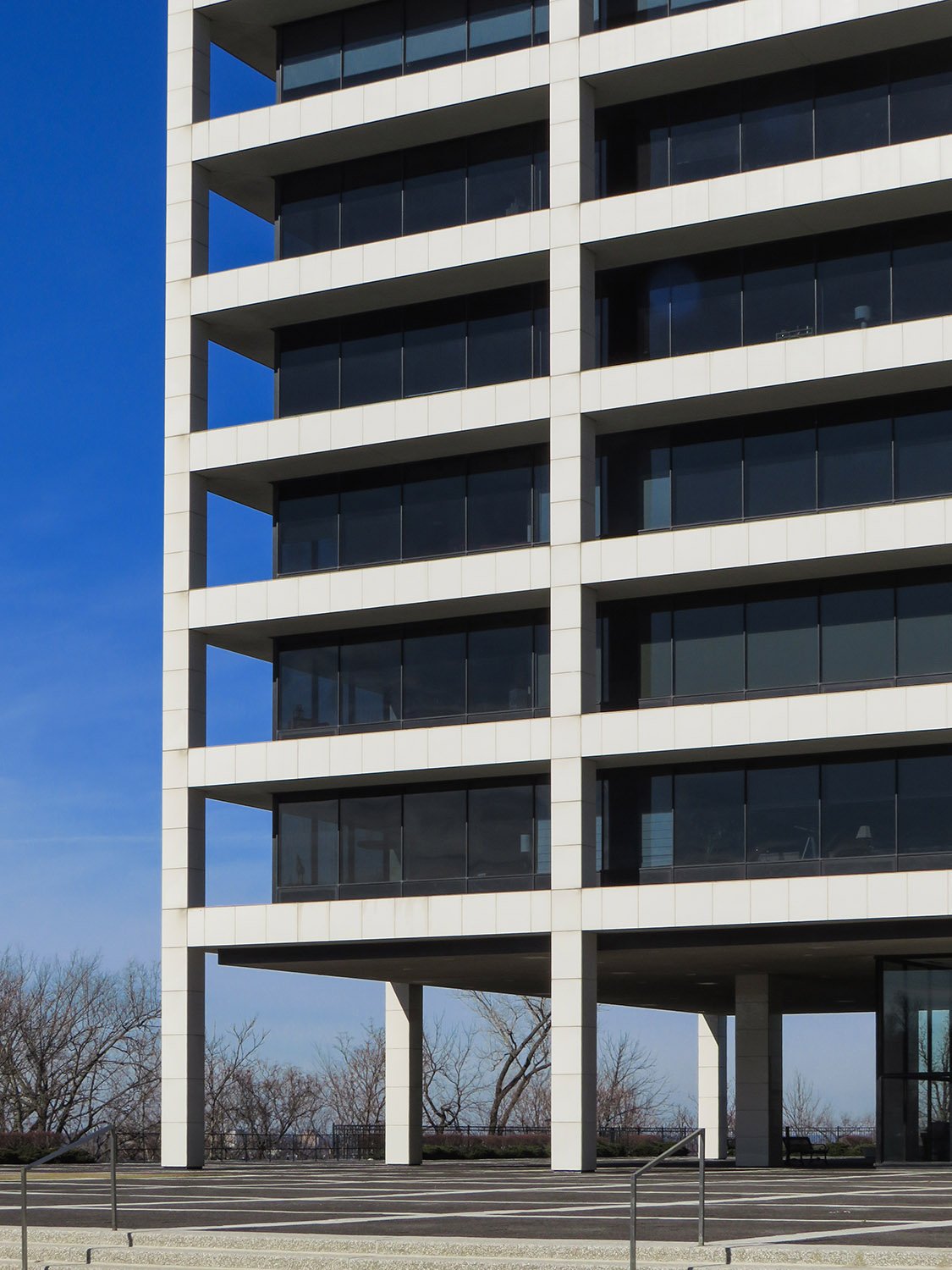 Looking northwest across the entrance plaza at BMA Tower, Kansas City