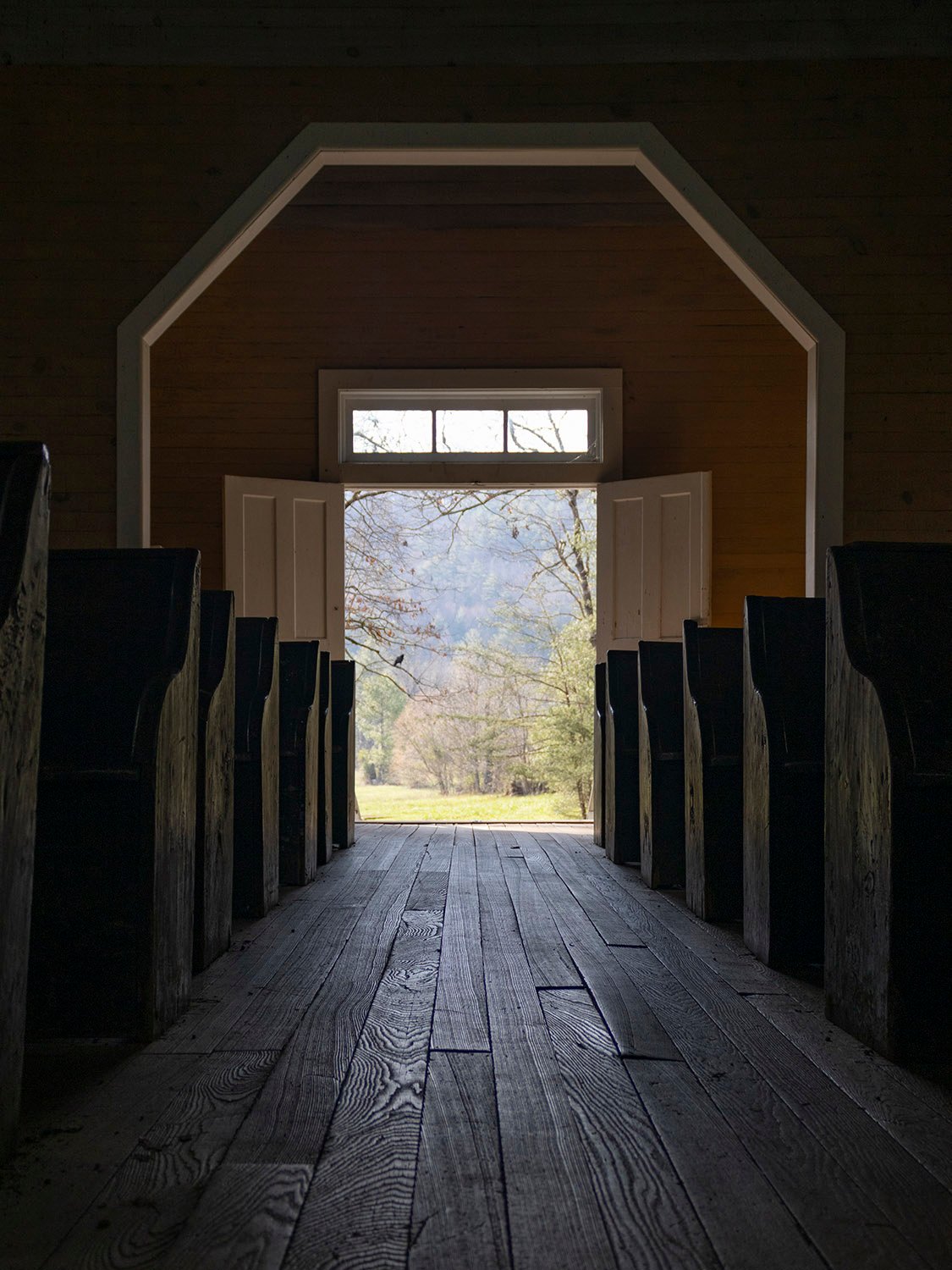 Sanctuary of Cades Cove Missionary Baptist Church. Cades Cove, Tennessee.