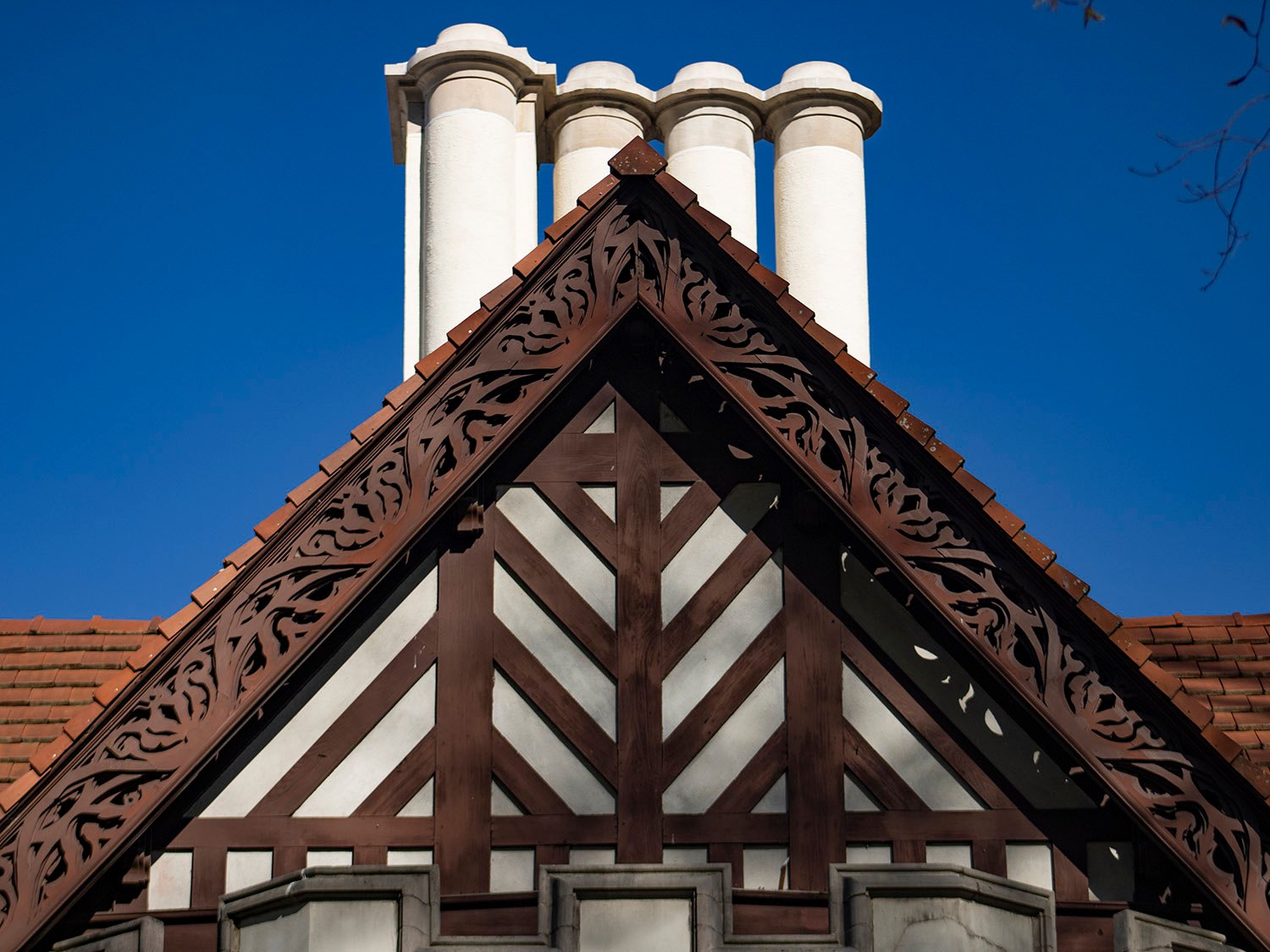 Gable and chimney on the facade of Callanwolde, Atlanta