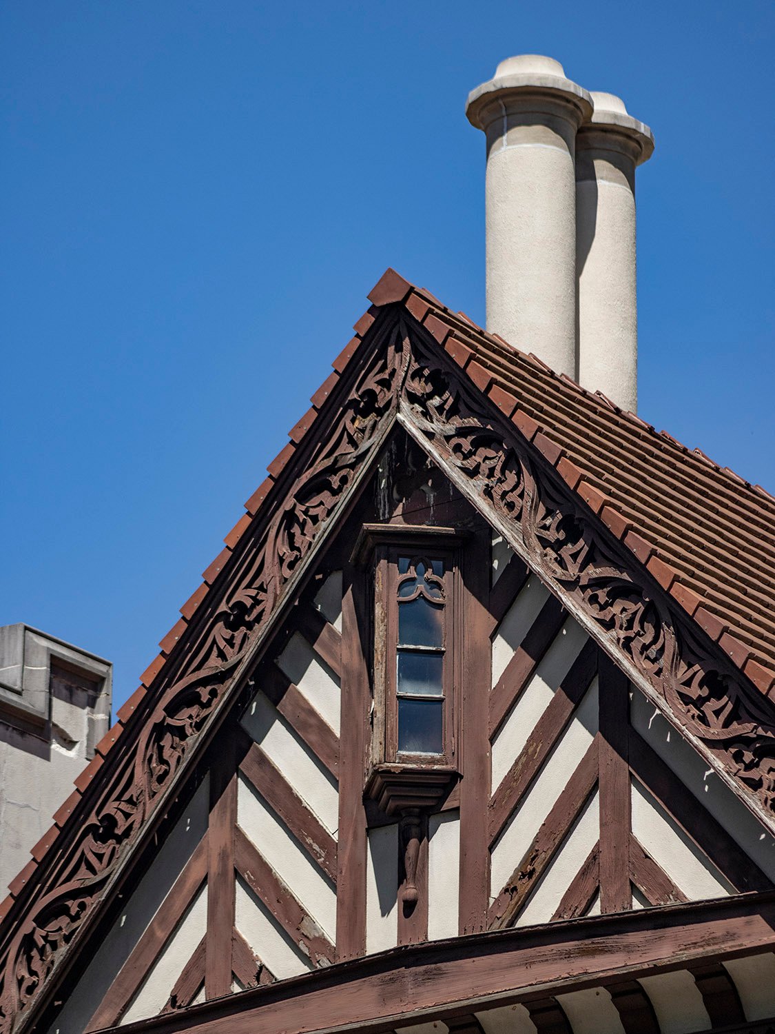 Gable and oriel window on the northwest elevation of Callanwolde, Atlanta